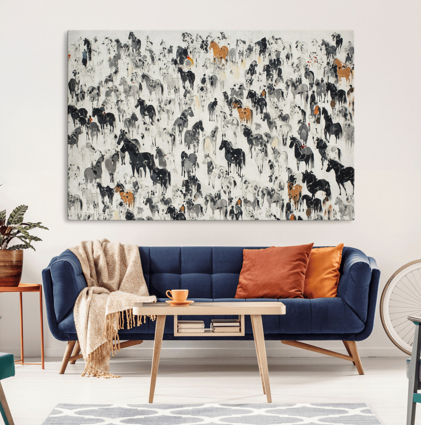 56463722-MGV-CV-36X24-Wild Horse Stampede Wall Art Canvas Print – Monochrome Running Horses Dynamic Motion Elegant Scene Artwork for Home, Office