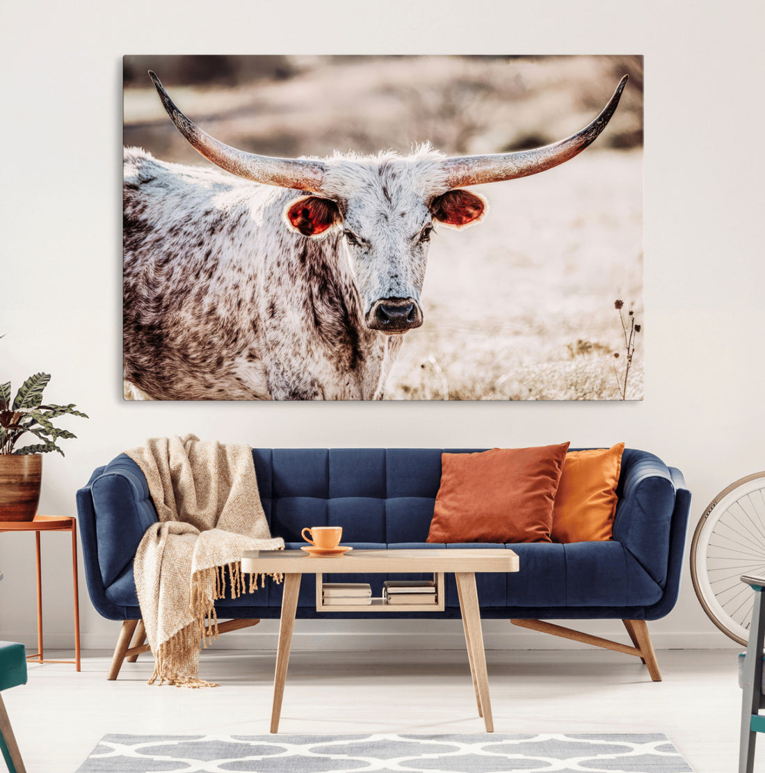 Majestic Texas Longhorn Bull Wall Art Canvas Print, Rustic Farmhouse Animal Portrait