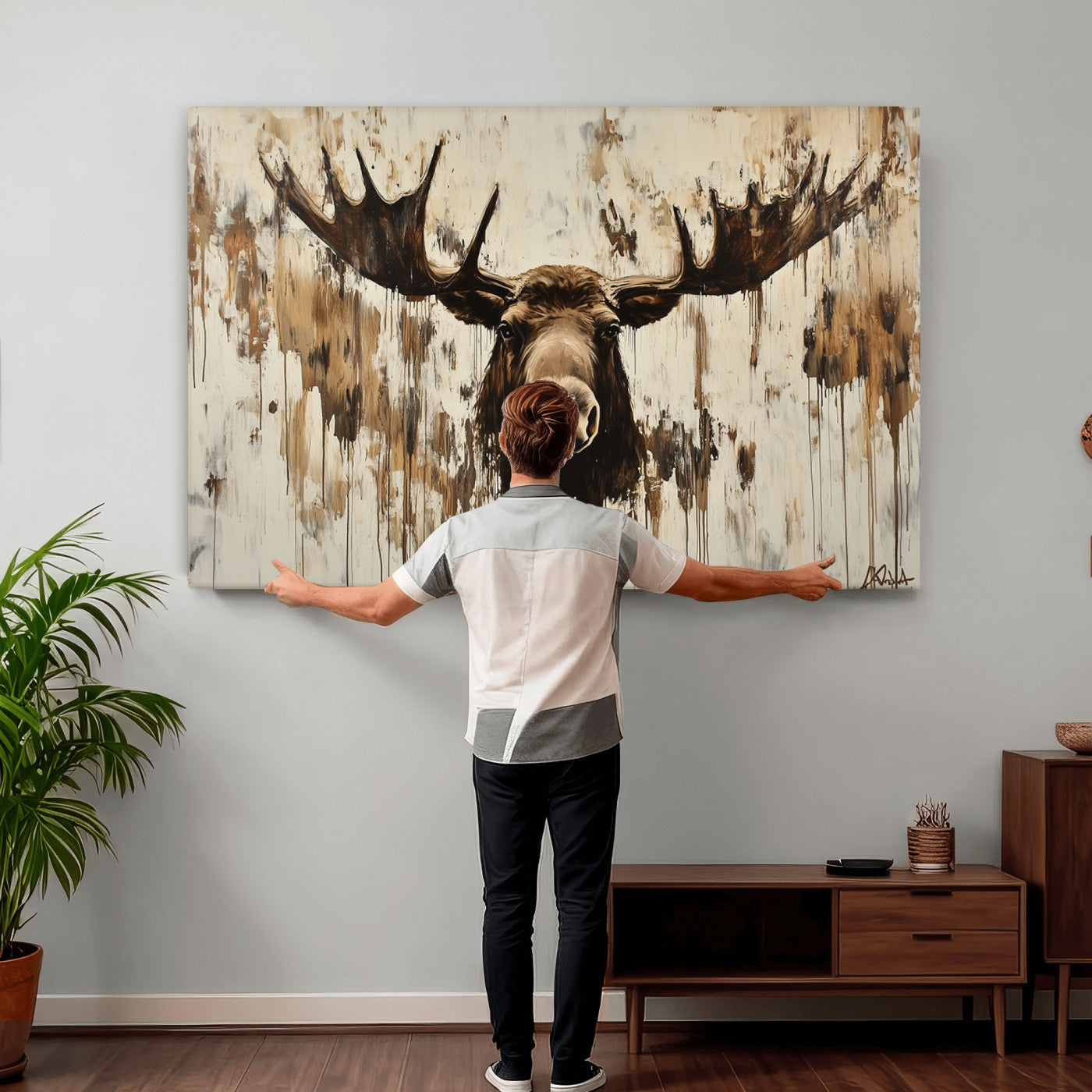 34496536-MGV-CV-36X24 - Powerful Moose Portrait Wall Art – Rich Earthy Tones, Expressive Brushstrokes, Striking Gaze, Raw Nature Vibes Decor for Home or Office