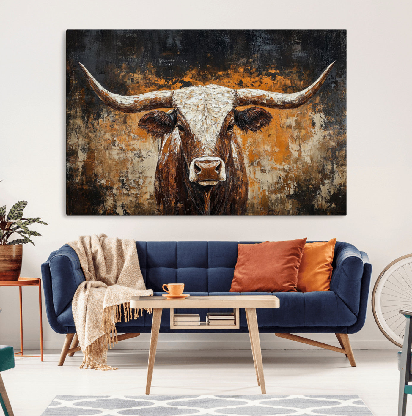 25265572-MGV-CV-36X24-Rustic Longhorn Bull Wall Art Canvas Print – Vintage Western Cattle Scene, Texas Steer Artwork for Home, Office