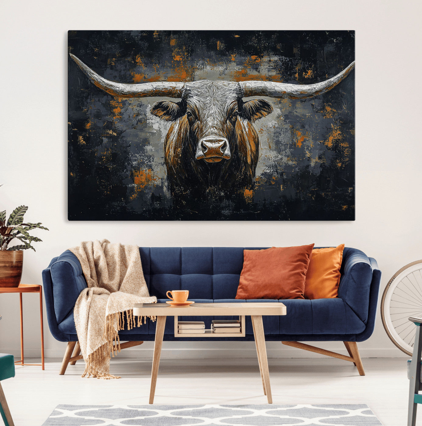 93195031-MGV-CV-36X24-Rustic Longhorn Bull Wall Art Canvas Print – Vintage Western Cattle Scene, Texas Steer Artwork for Home, Office