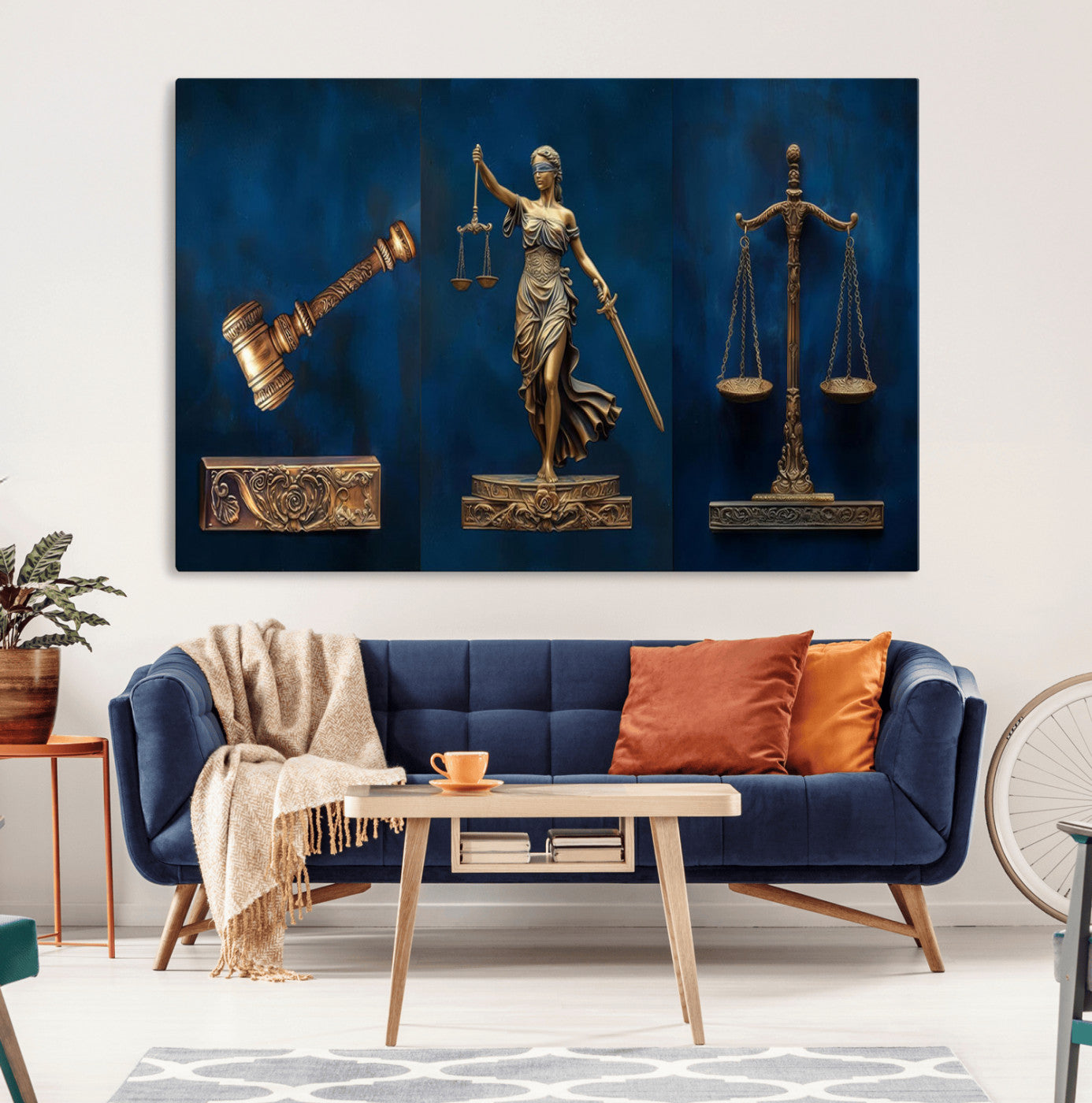 91629053-MGV-CV-36X24-Lady Justice Wall Art Canvas Print – Elegant Gold Legal Symbols Blue Background Artwork for Home, Office, Living Room