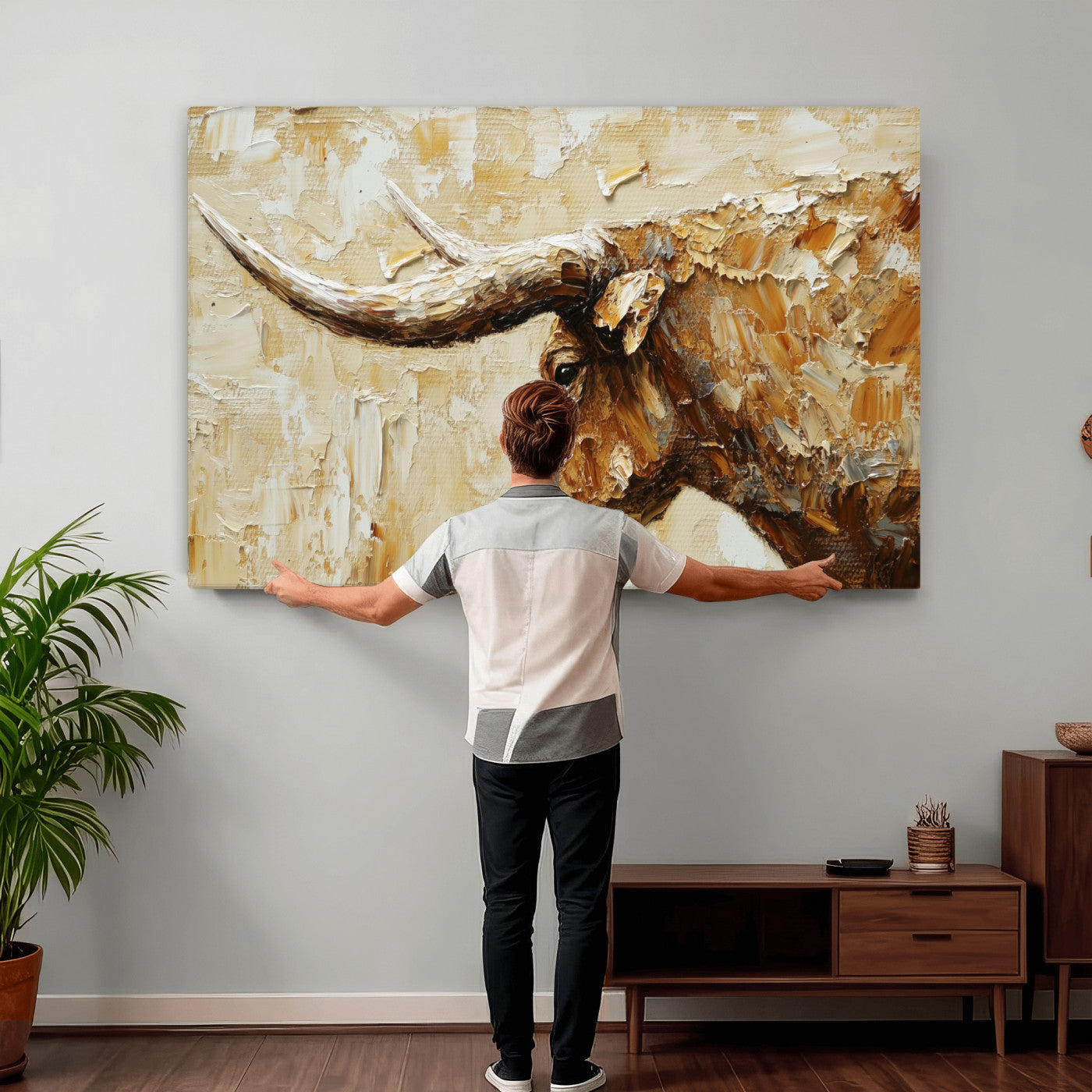 69611428-MGV-CV-36X24 - Rustic Longhorn Bull Wall Art Canvas Print – Vintage Western Cattle Painting, Texas Abstract Wall Cow Prints