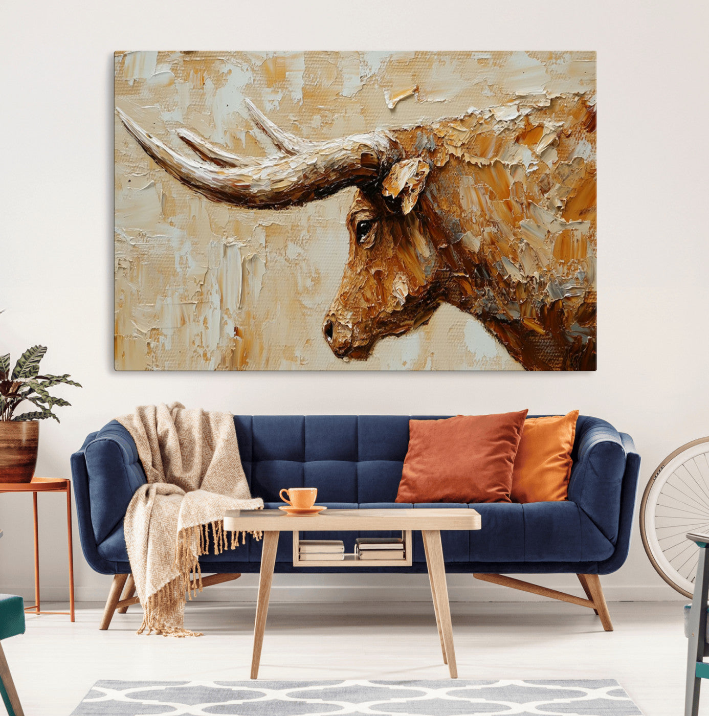 69611428-MGV-CV-36X24-Rustic Longhorn Bull Wall Art Canvas Print – Vintage Western Cattle Texas Steer Scene Artwork for home, office
