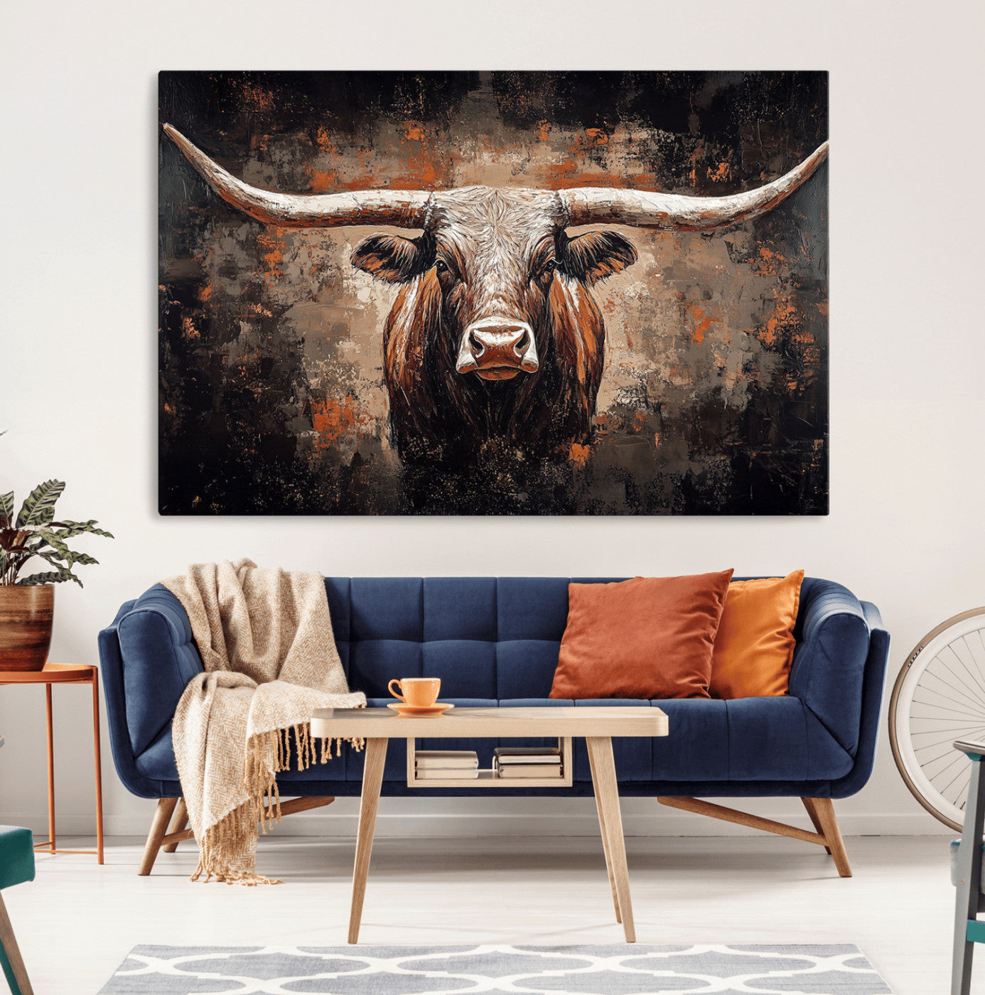MGV-CV-36X24 - Rustic Longhorn Bull Wall Art Canvas Print – Vintage Western Cattle Painting, Texas Steer Artwork Print