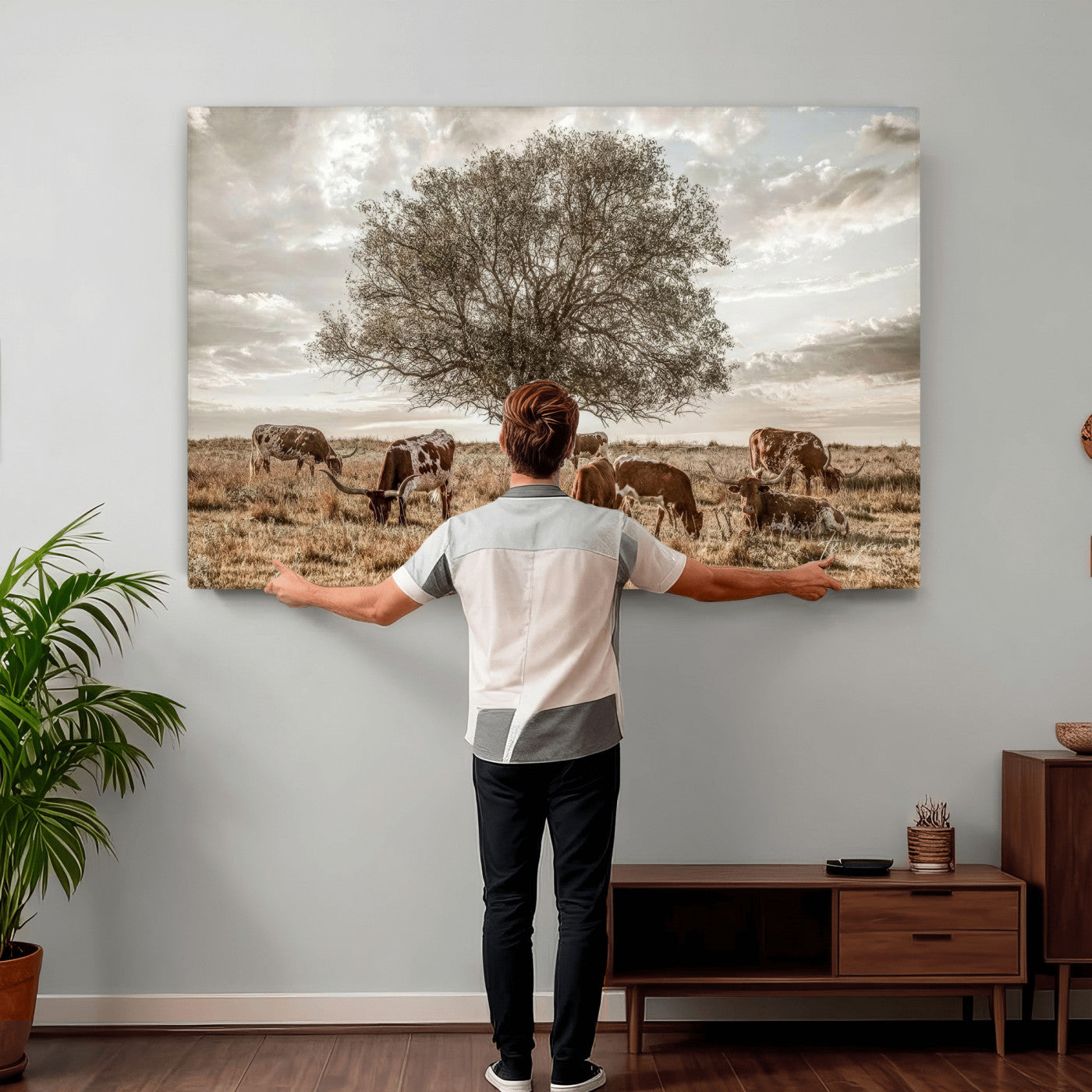 87590224-MGV-CV-36X24 - Texas Longhorn Cattle Wall Art Canvas Print – Rustic Western Ranch Scene with Steers at Sunset, Perfect for Farmhouse or Cowboy Decor