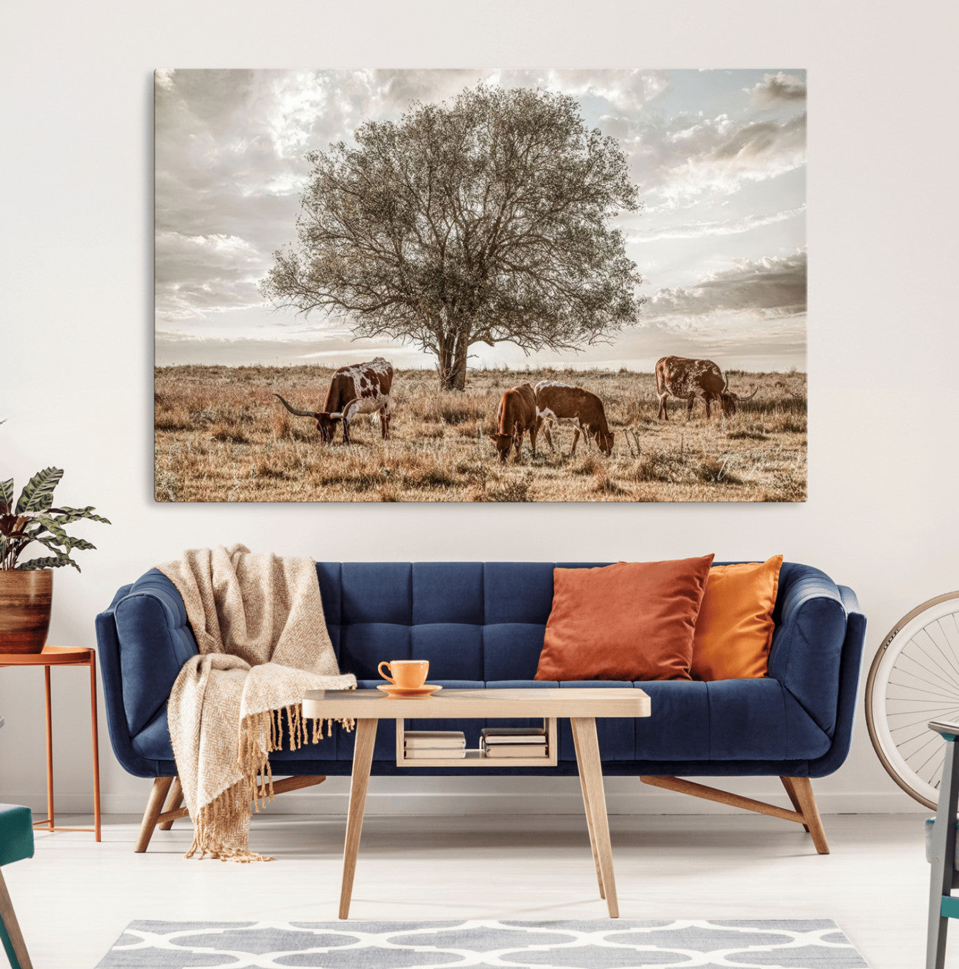Texas Longhorn Cattle Wall Art Canvas Print – Rustic Western Ranch Scene with Steers at Sunset, Perfect for Farmhouse or Cowboy Decor