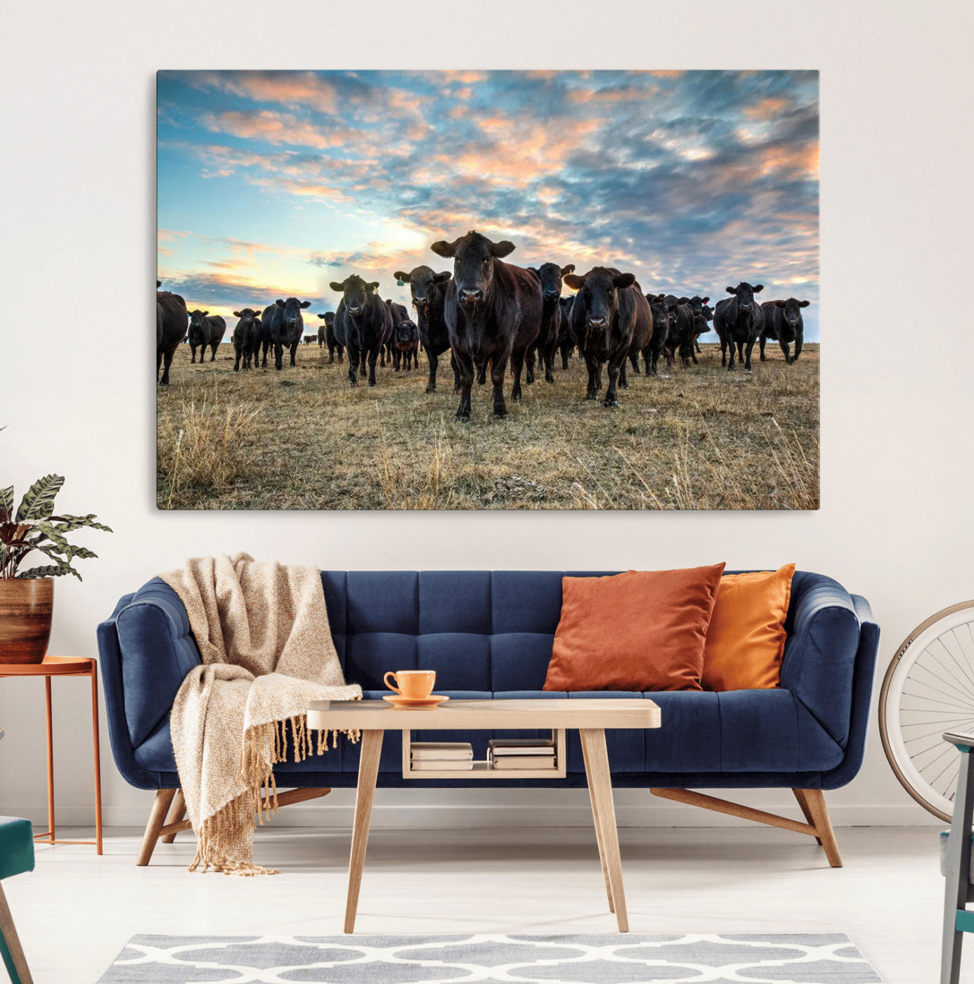 13867292-MGV-CV-36X24-Texas Longhorn Cattle Wall Art Canvas Print – Rustic Western Ranch Scene with Steers Sunset for Home, Office