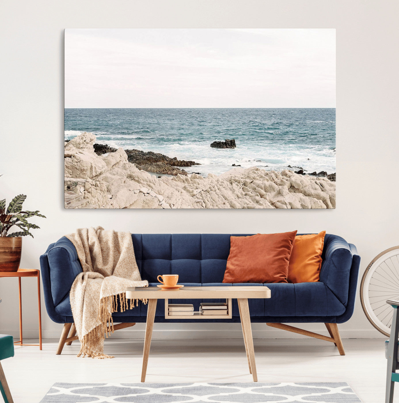 25481980-MGV-CV-36X24-Coastal Ocean View Wall Art Canvas Print – Serene Rocky Shoreline and Blue Sea Photography for Coastal Chic or Minimalist Home Decor