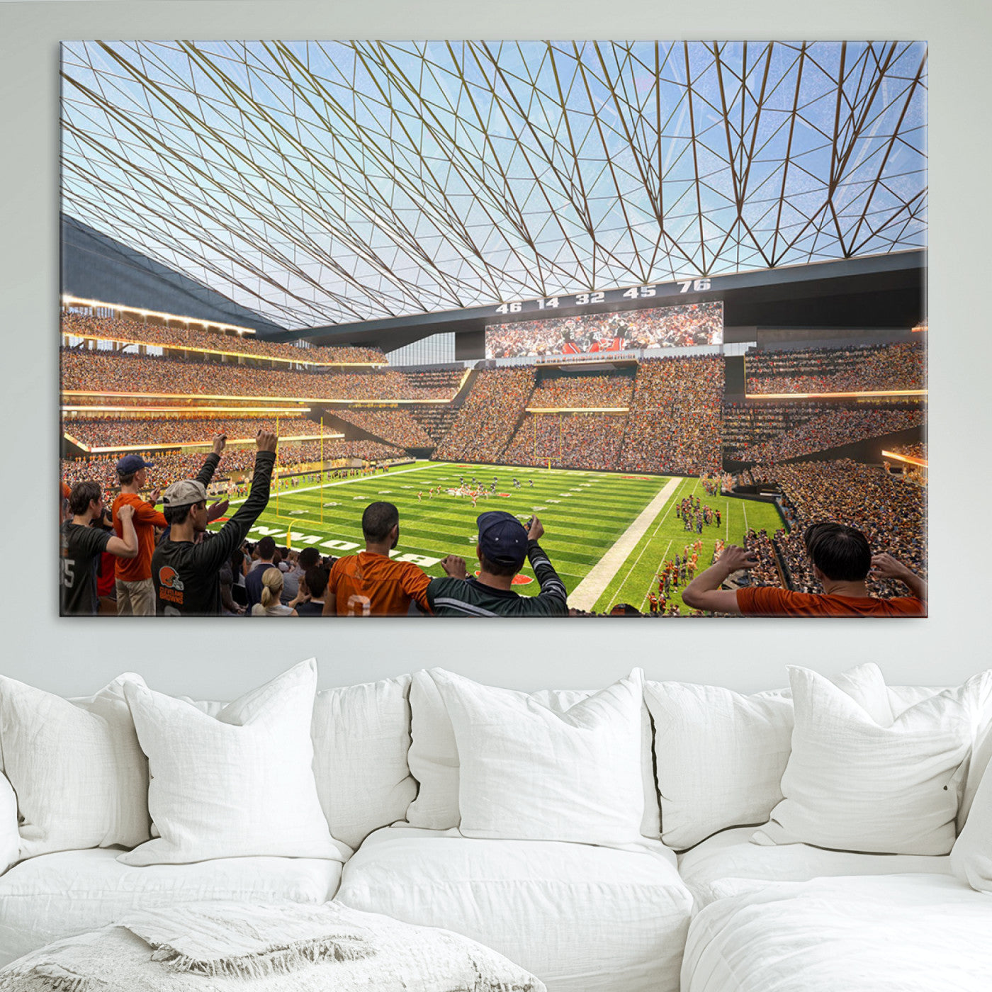 81960112-MGV-CV-36X24-Cleveland Browns Stadium Wall Art Canvas Print – Framed Football Artwork Featuring Cleveland Skyline and Browns Stadium, Perfect for Man Cave or Game Room Decor