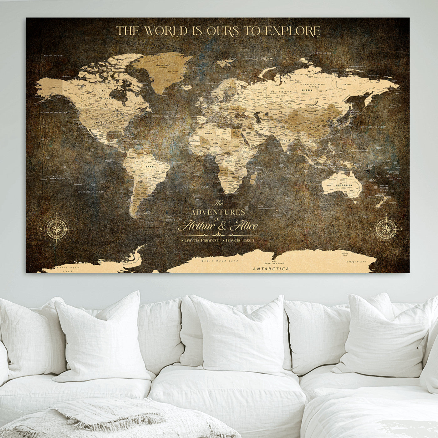 76675404-MGV-CV-36X24-Framed Push Pin World Travel Map – Canvas Wall Art for Tracking Adventures, Decorative Vintage Style Map with Pins for Home or Office - H1