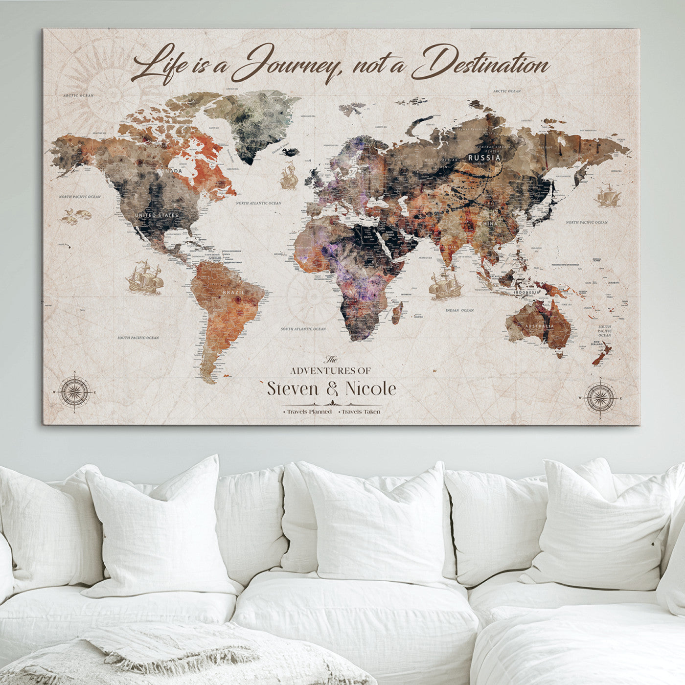 96000140-MGV-CV-36X24-Custom Push Pin World Map Wall Canvas Print – Personalized Travel Tracker with Pins – Framed Large Multi-Size Canvas for Home Office Decor
