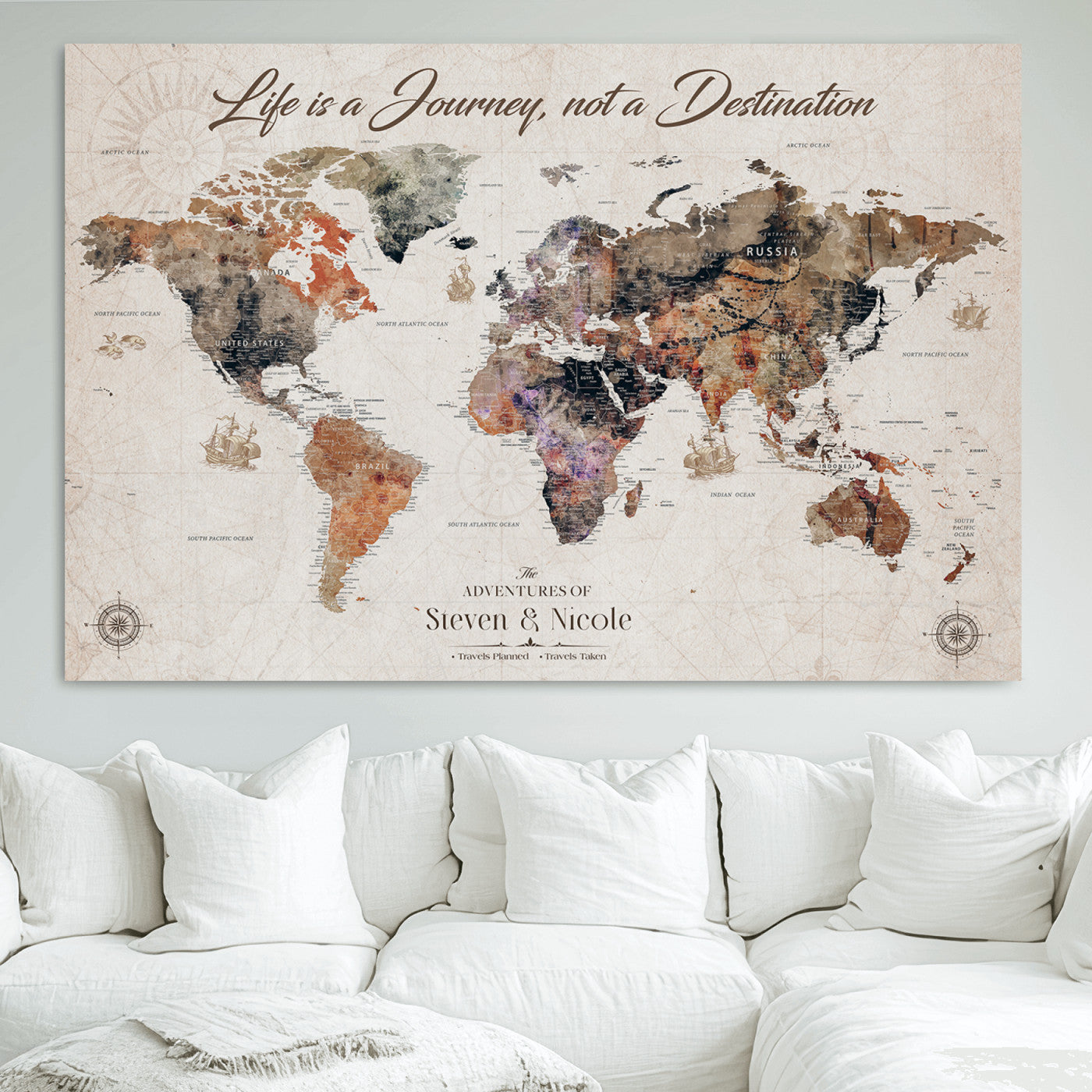96000140-MGV-CV-36X24-Canvas Travel Map with Pins – Framed Wall Art to Track Countries and Cities, Beautiful World Map in Rustic Old Style for Decoration - H14
