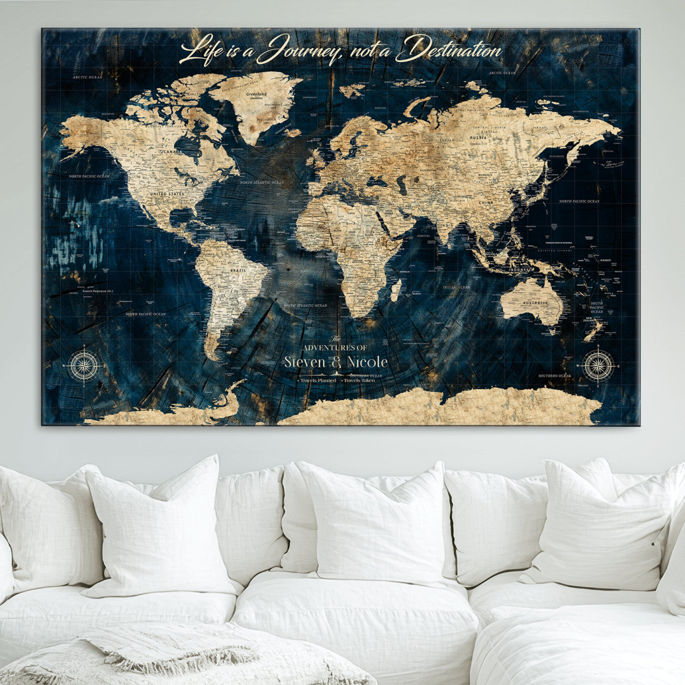 23551206-MGV-CV-36X24-Custom Push Pin World Map Wall Canvas Print – Personalized Travel Tracker with Pins – Framed Large Multi-Size Canvas for Home Office Decor