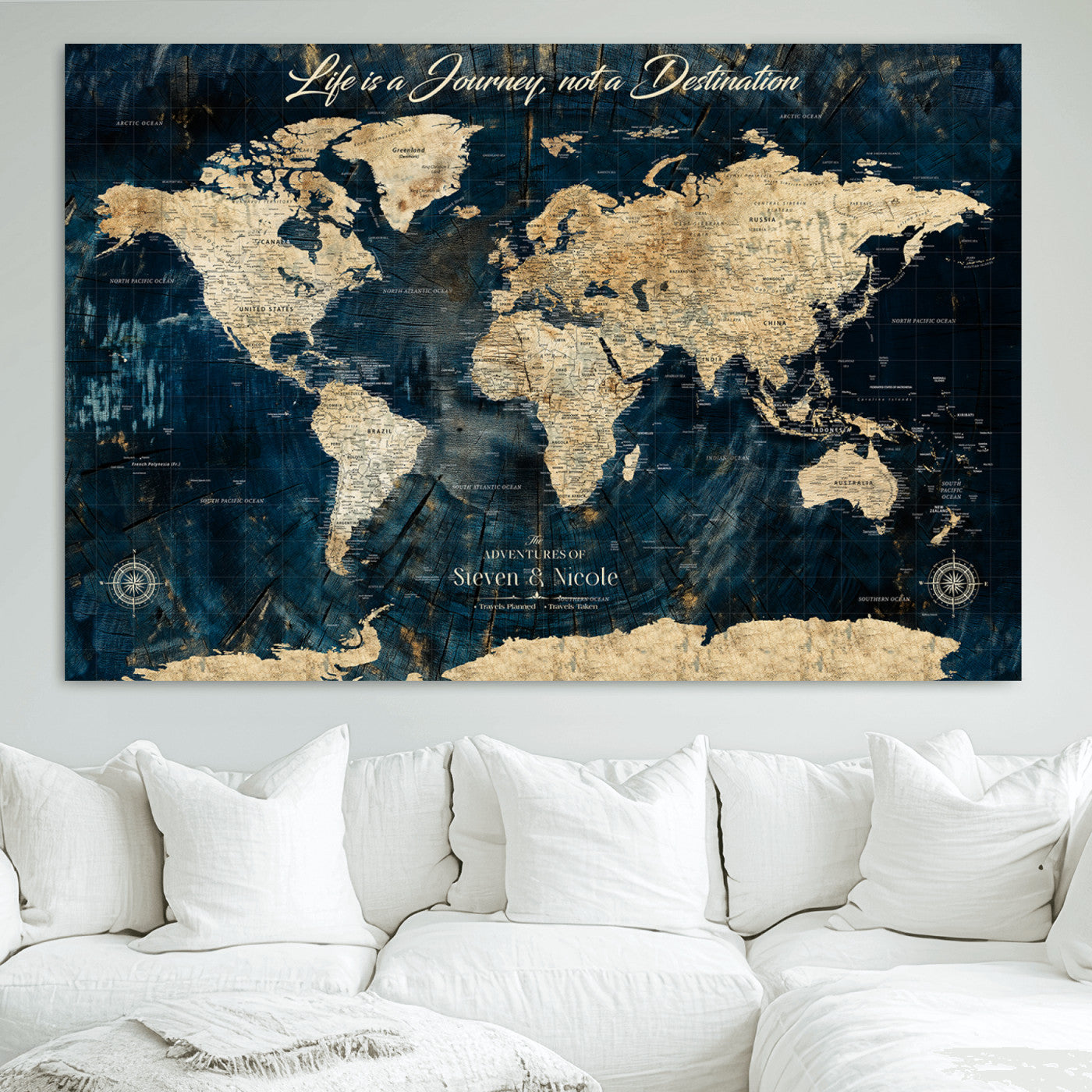 23551206-MGV-CV-36X24-Old Style World Map with Push Pins – Framed Canvas Print for Wall, Track Past and Future Adventures in a Decorative Way - H15