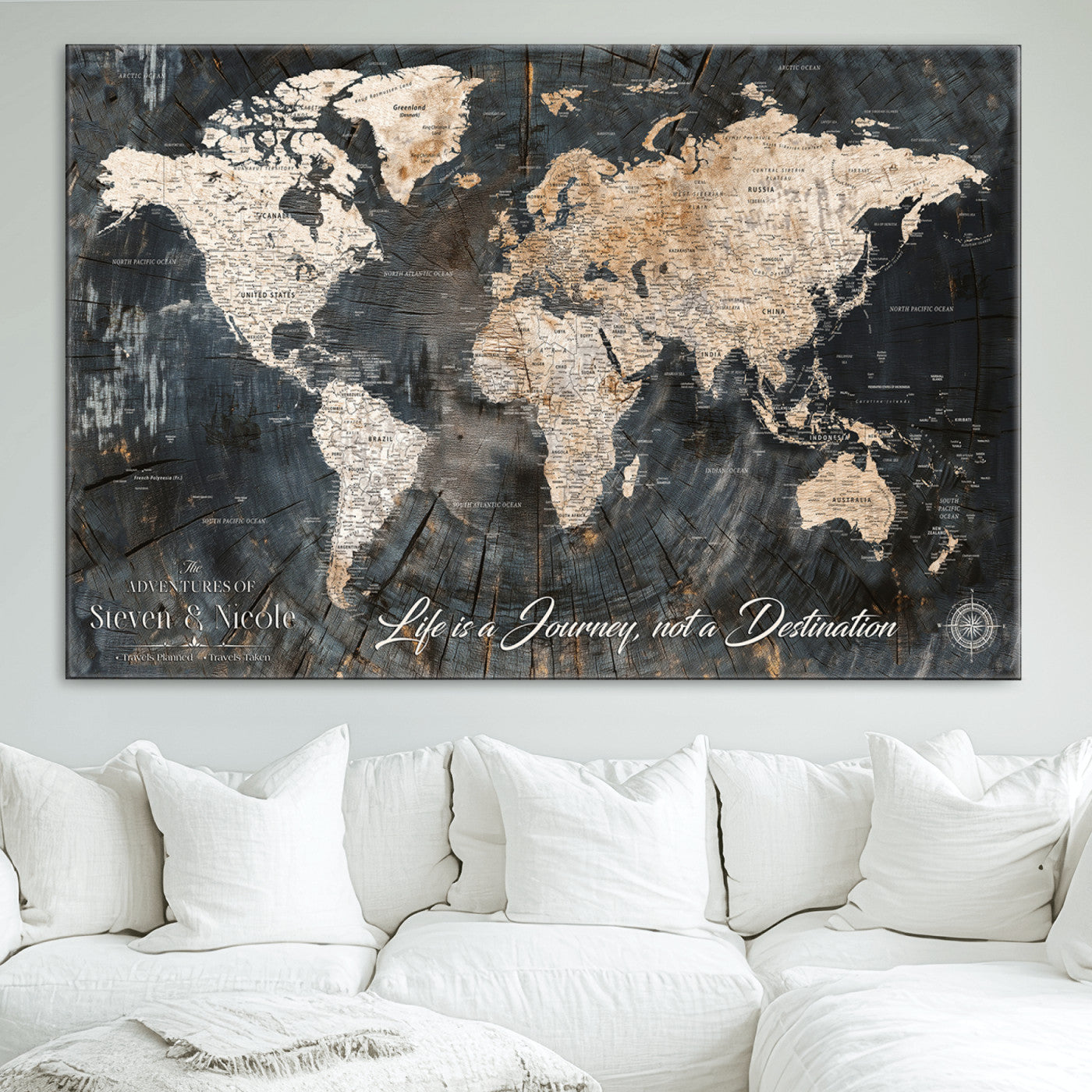 13001721-MGV-CV-36X24-Custom Push Pin World Map Wall Canvas Print – Personalized Travel Tracker with Pins – Framed Large Multi-Size Canvas for Home Office Decor