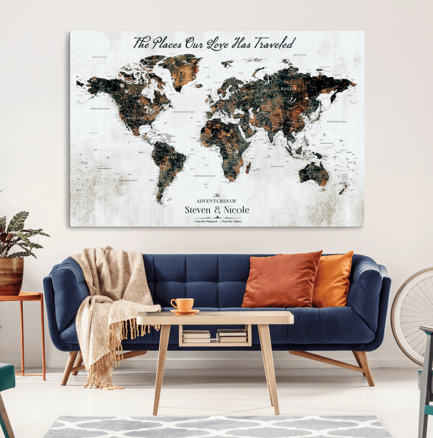 89231588-MGV-CV-36X24-Personalized Push Pin World Map Canvas – Custom Framed Travel Tracker Wall Art, Large Adventure Map with Pins for Home, Office