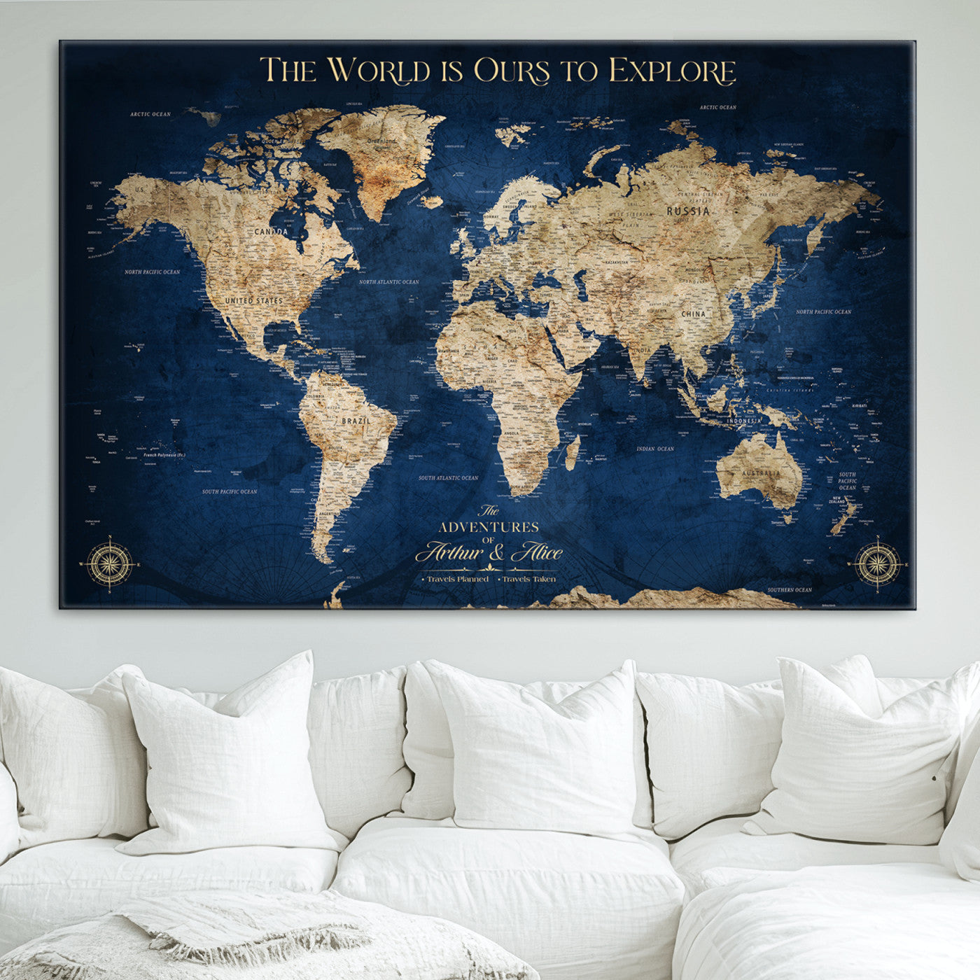 10181149-MGV-CV-36X24-Custom Push Pin World Map Wall Canvas Print – Personalized Travel Tracker with Pins – Framed Large Multi-Size Canvas for Home Office Decor