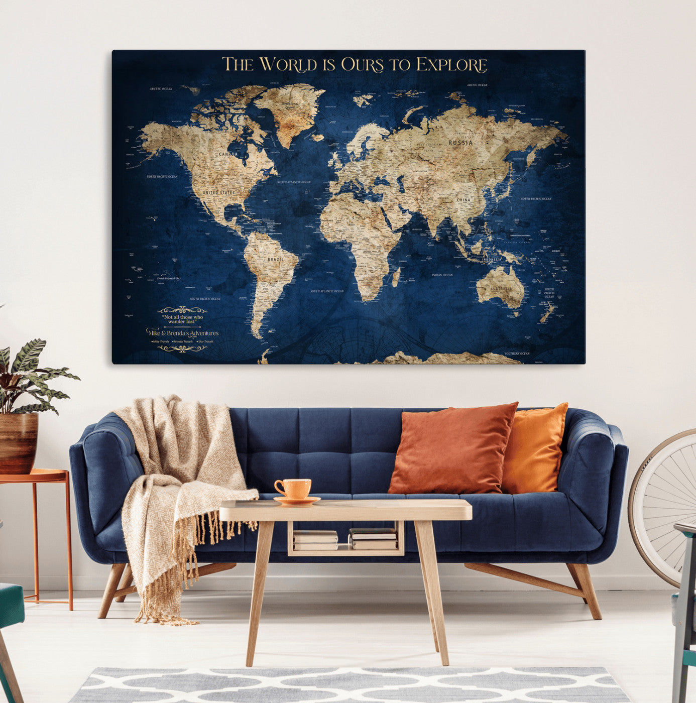 10181149-MGV-CV-36X24-Custom Push Pin World Map Wall Canvas Print – Personalized Travel Tracker with Pins – Framed Large