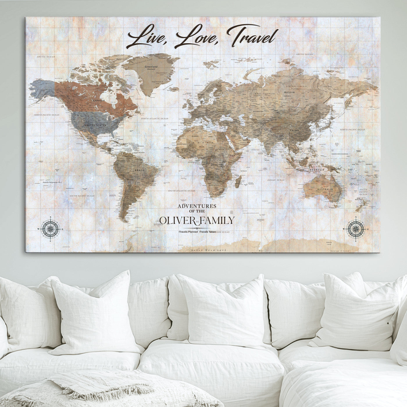 76256172-MGV-CV-36X24-Custom Push Pin World Map Wall Canvas Print – Personalized Travel Tracker with Pins – Framed Large Multi-Size Canvas for Home Office Decor