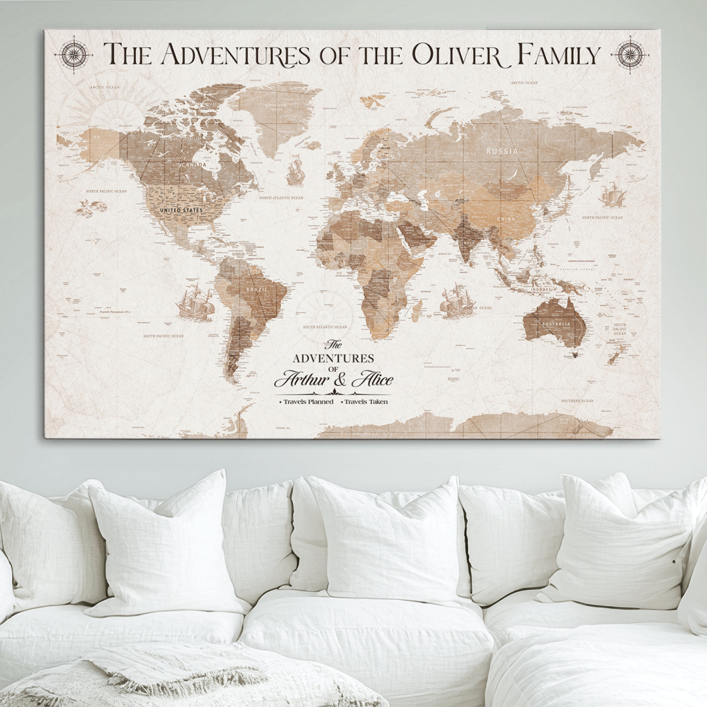 58395047-MGV-CV-36X24-Custom Push Pin World Map Wall Canvas Print – Personalized Travel Tracker with Pins – Framed Large Multi-Size Canvas for Home Office Decor