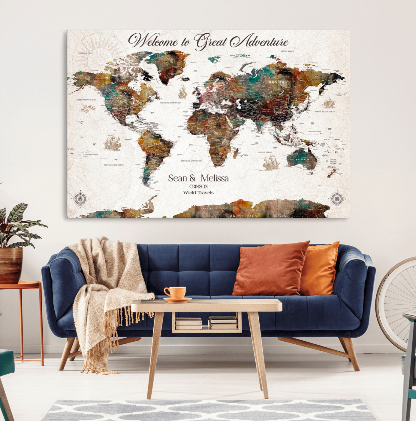 92462592-MGV-CV-36X24-Personalized World Map Canvas Custom Framed Push Pin Travel Tracker Vintage Adventure Wall Art Gift Couples Travelers Home, Office