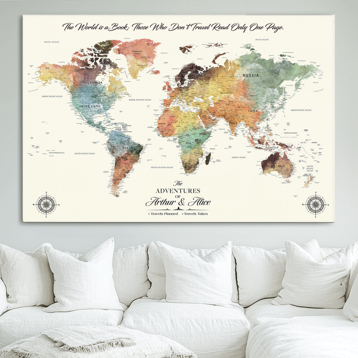 40183091-MGV-CV-36X24-Custom Framed World Map Canvas Print – Personalized Push Pin Travel Tracker Gift for Couples, Weddings, or Anniversary Celebrations