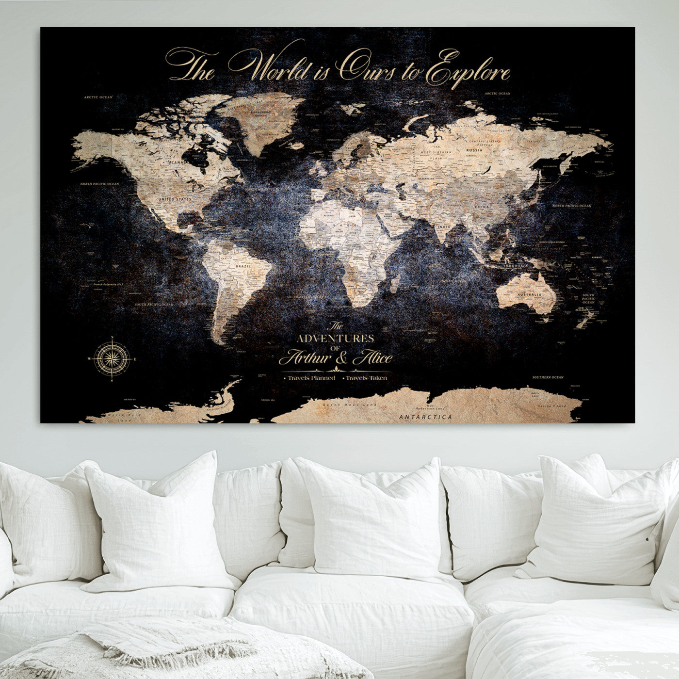 21010471-MGV-CV-36X24-Customize Push Pin World Map Wall Canvas Print, Personalized Travel Tracker with Pins, Framed Large Canvas for Home Office Decor - H37