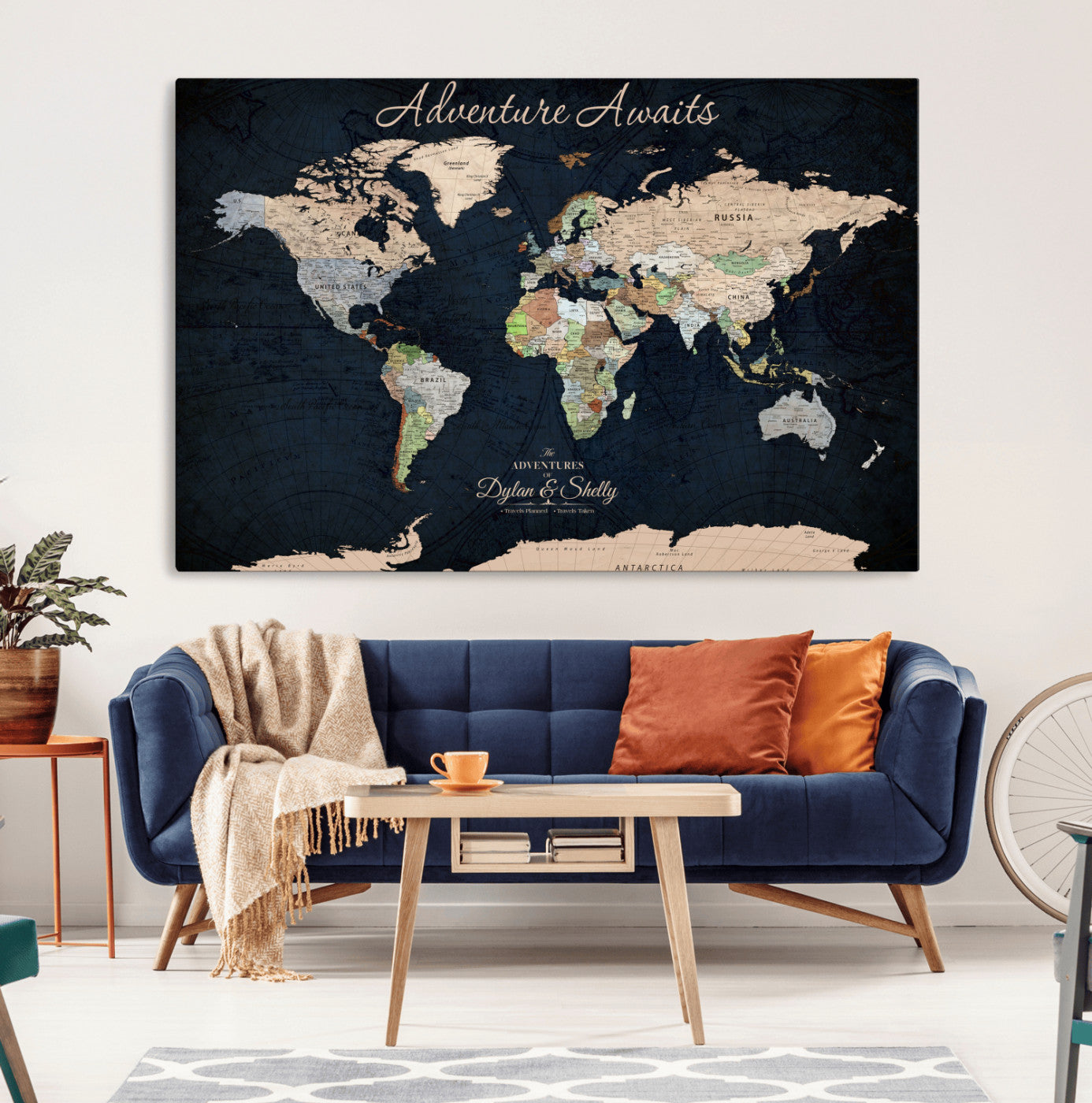 43186793-MGV-CV-30X20-Personalized World Map Print, Customizable Push Pin Framed World Map Print on Canvas - Custom Quote on Map Print