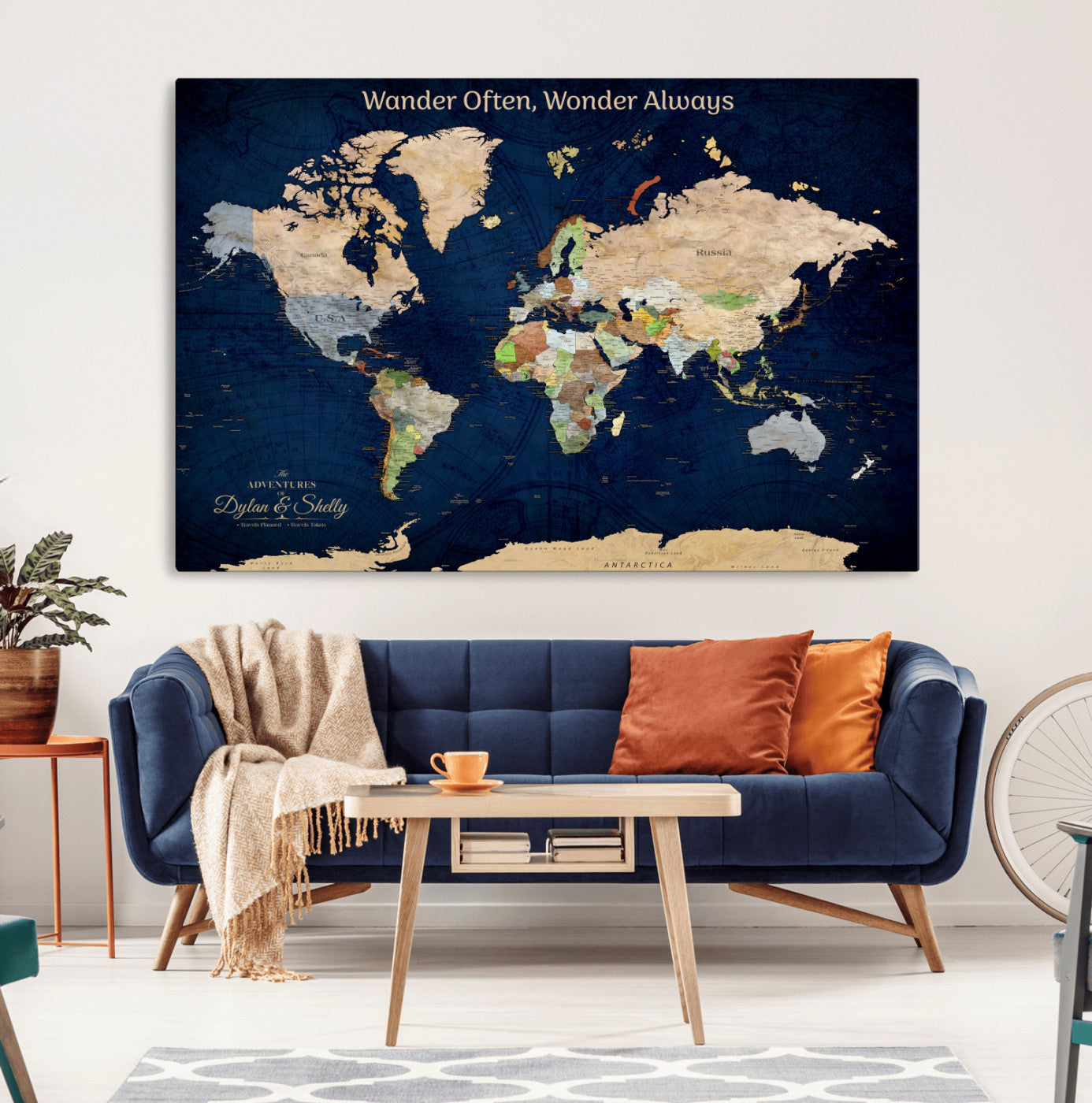 Rehber01-MGV-CV-36X24-Personalized World Map Canvas – Custom Framed Push Pin Travel Map Wall Art, Navy Blue Vintage Gift for Couples and Adventurers