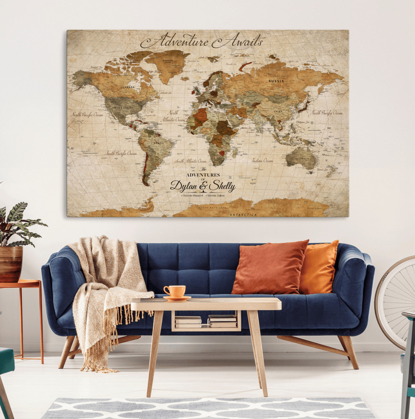 20810820-MGV-CV-30X20-Personalized World Map Print, Customizable Push Pin Framed World Map Print on Canvas - Custom Quote on Map Print