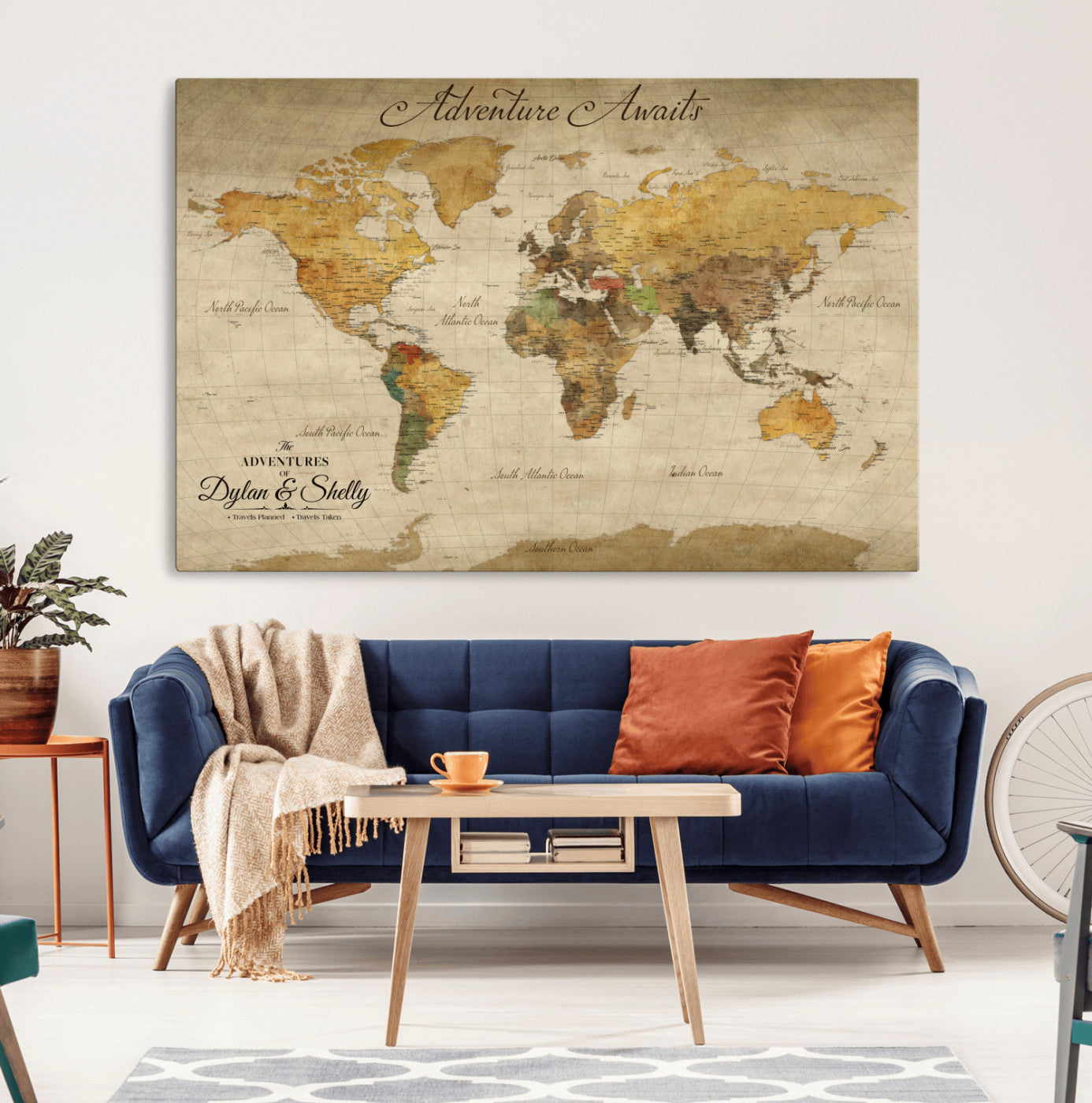 Rehber01-MGV-CV-36X24-Personalized World Map Canvas – Custom Framed Push Pin Travel Map Wall Art, Rustic Vintage Gift for Couples and Travel Lovers