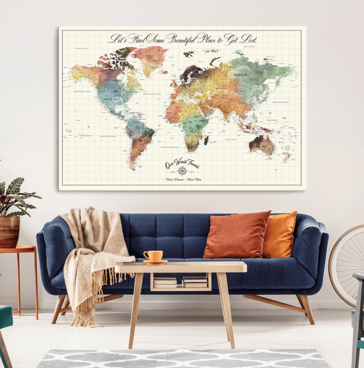 Rehber01-MGV-CV-36X24-Personalized Push Pin World Map Canvas Print – Custom Adventure Travel Tracker Map, Framed Wall Art Gift for Couples or Family