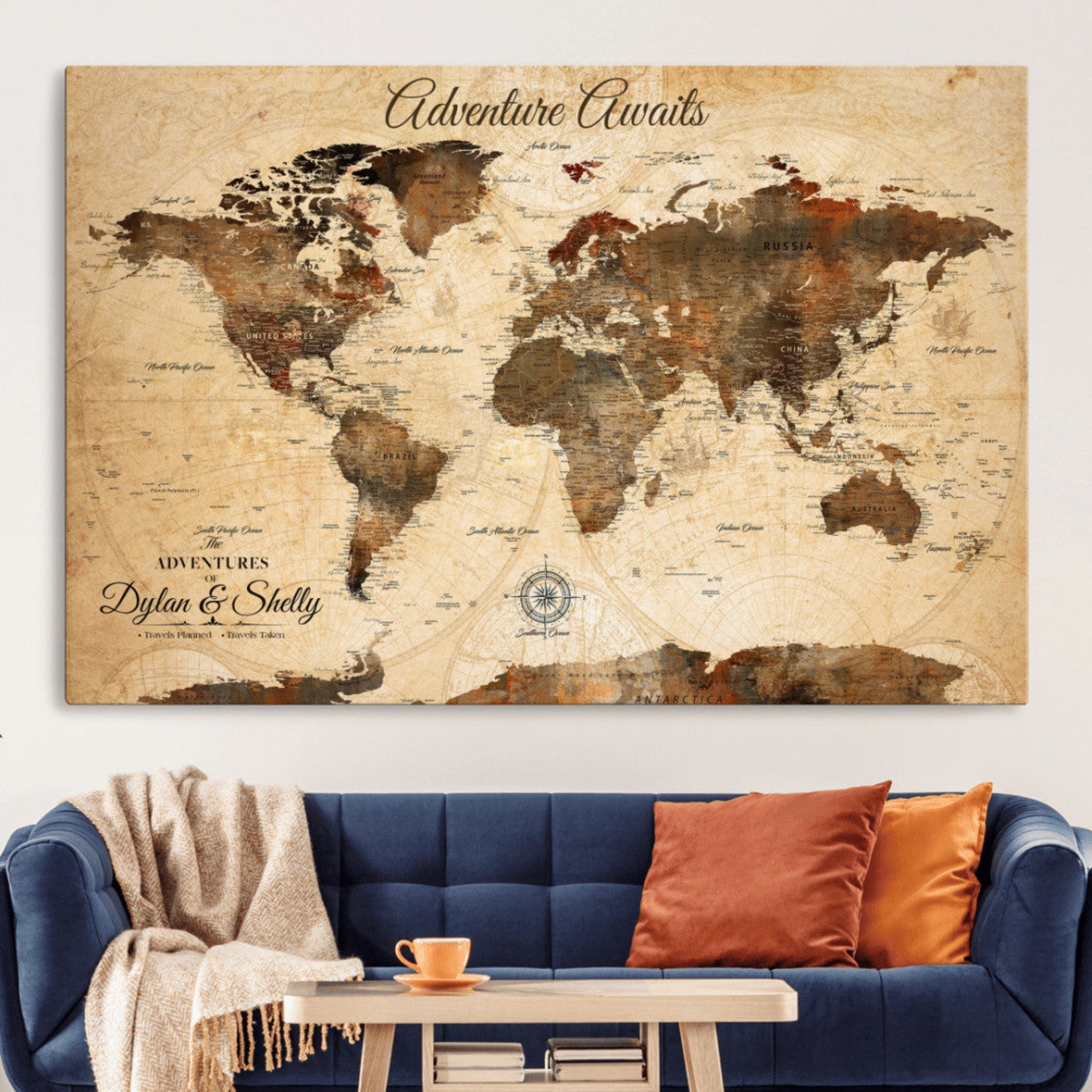 Rehber01-MGV-CV-36X24-Personalized World Map Canvas Wall Art – Custom Framed Push Pin Travel Tracker Print, Unique Gift for Home or Office Decor