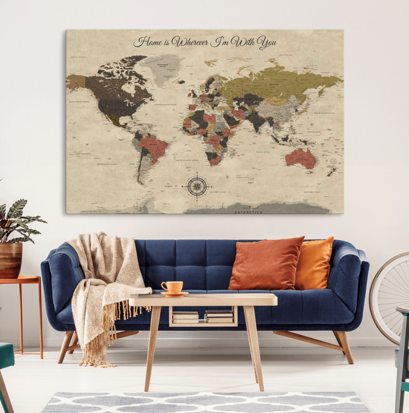 89242247-MGV-CV-36X24-Personalized World Map Print, Customizable Push Pin Framed World Map Print on Canvas - Custom Quote on Map Print