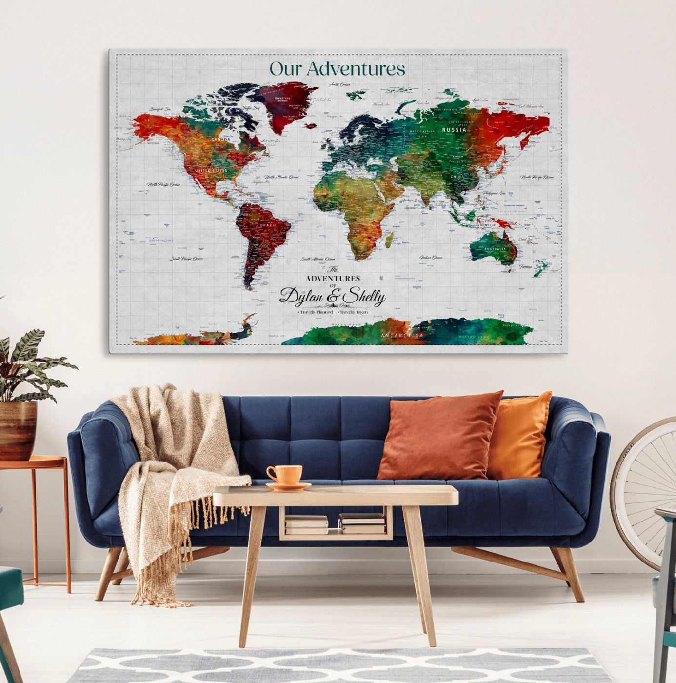 50035254-MGV-CV-36X24-Watercolor Personalized World Map Canvas Print - Customizable Push Pin Framed World Map Print - Custom Quote on Map Print