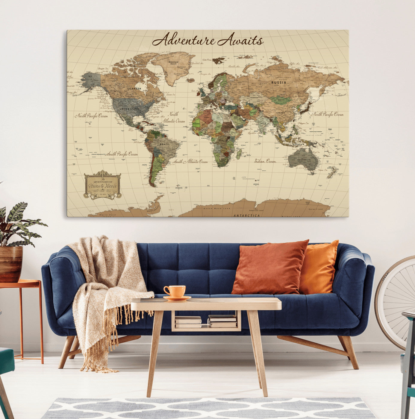 31875069-MGV-CV-36X24-Custom Push Pin World Map Wall Canvas Print – Personalized Travel Tracker with Pins – Framed Custom Quotie Canvas for Home Office Decoration