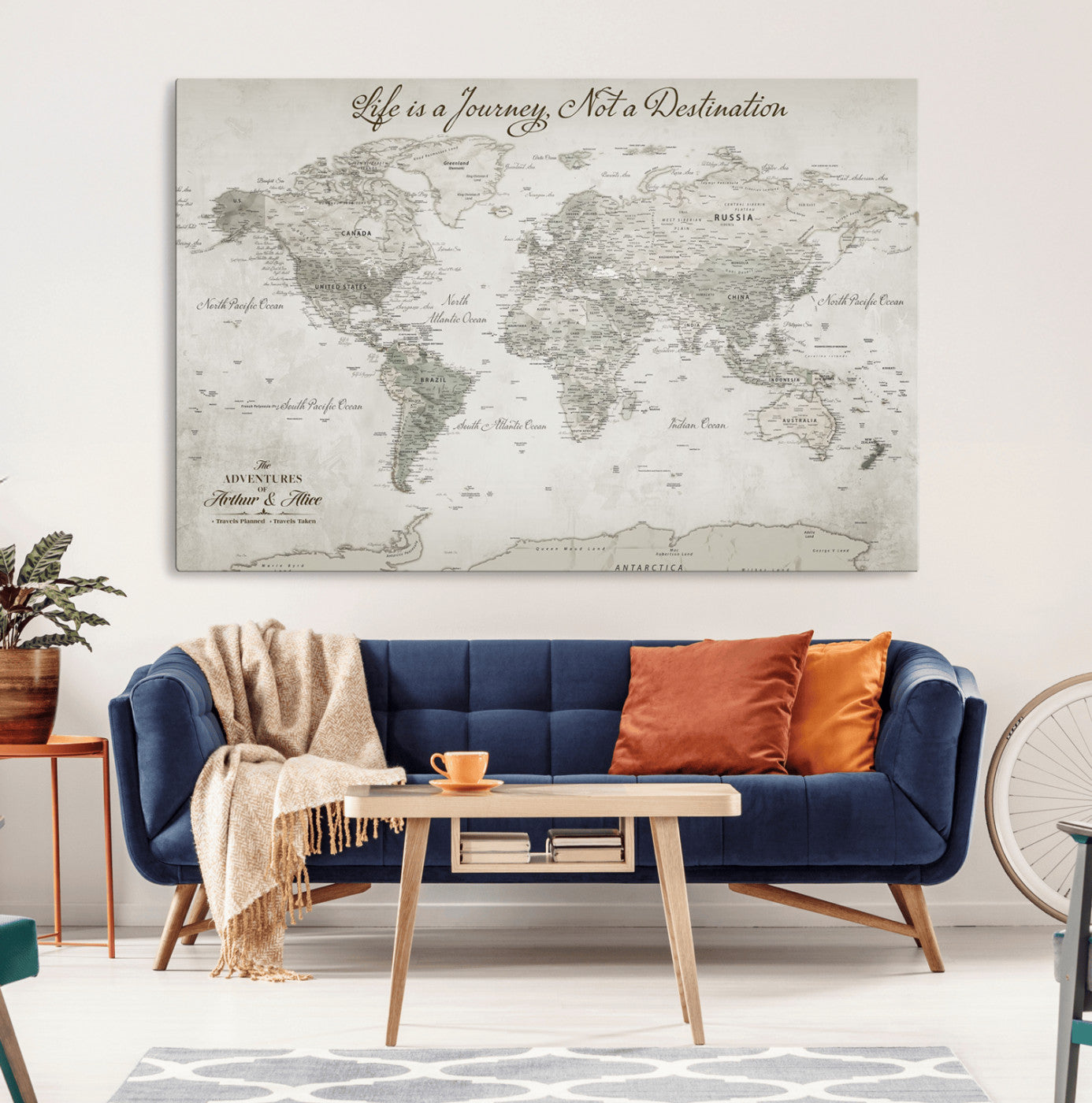 11398637-MGV-CV-36X24-Personalized World Map Wall Art – Custom Framed Push Pin Travel Tracker Canvas Print Unique Gift for Home, Office