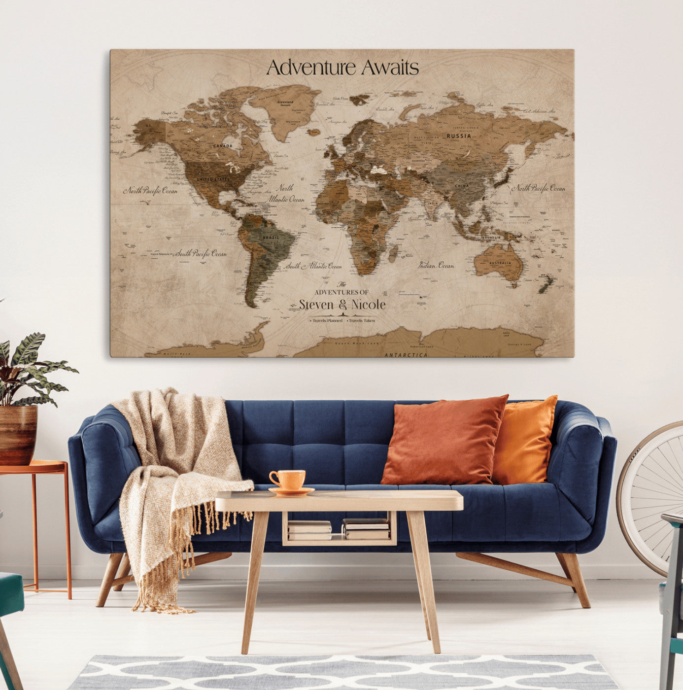 26070282-MGV-CV-36X24-Personalized Push Pin World Map Canvas – Custom Framed Travel Tracker Wall Art, Large Adventure Map with Pins for Home, Office