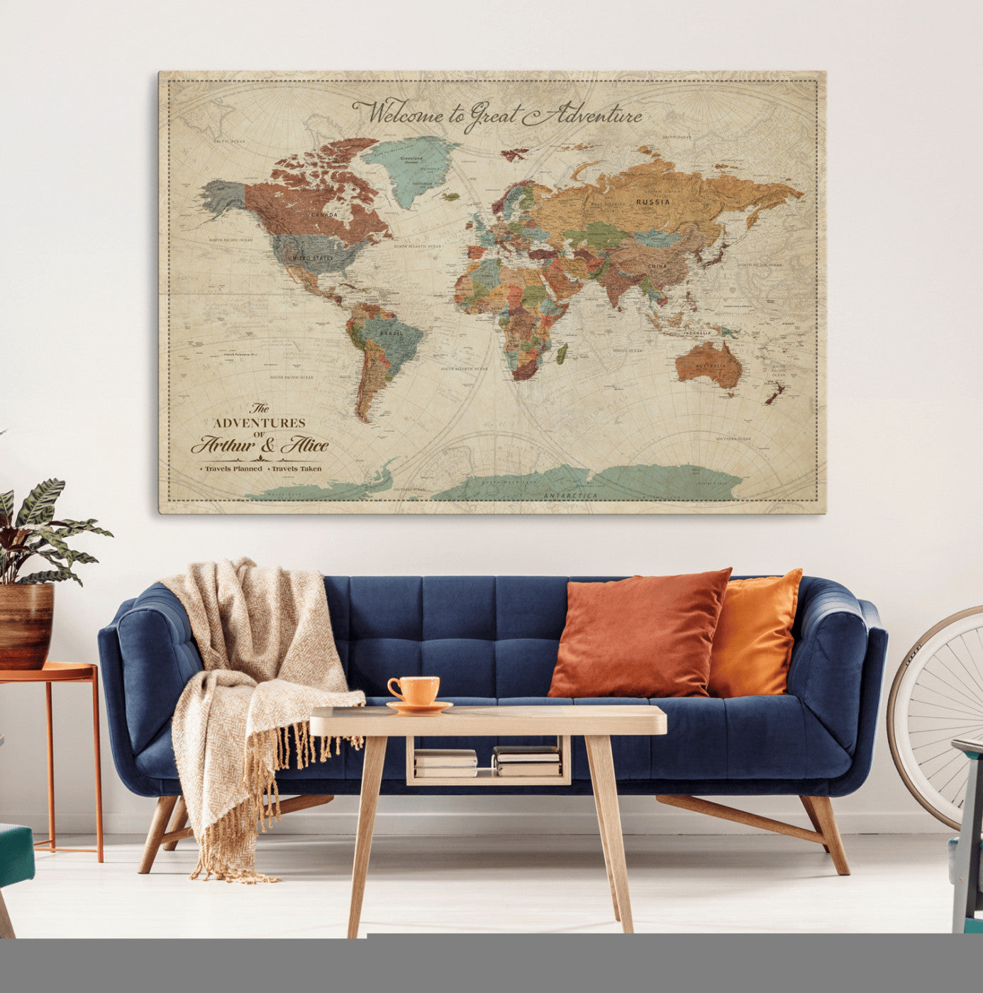 Rehber01-MGV-CV-36X24-Personalized Antique World Map Canvas Print – Custom Push Pin Travel Map Vintage Gift for Couples Explorers for Home, Office
