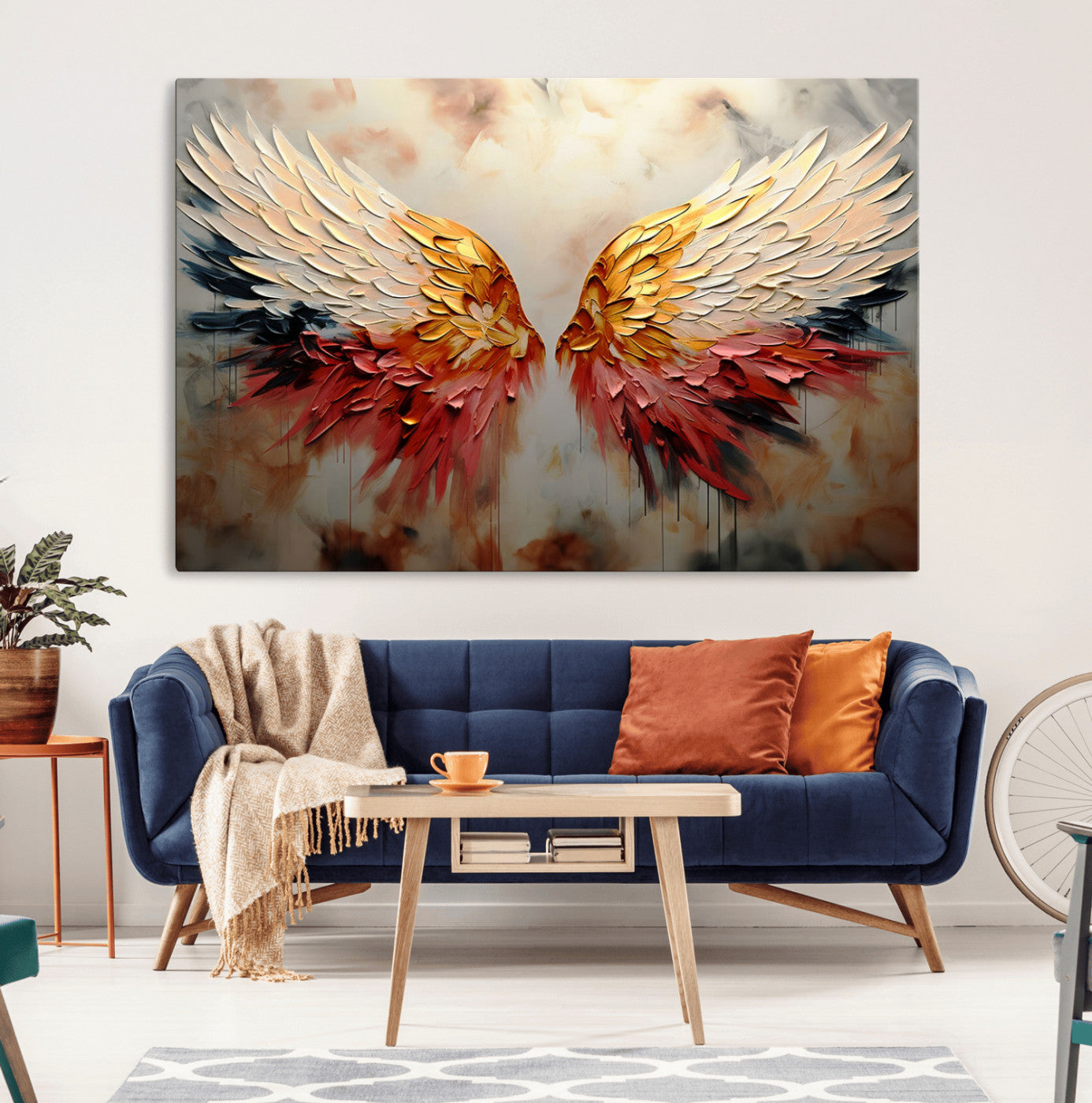 A stunning 3D-style painting of angel wings with vibrant gold, red, and black hues, creating a dramatic and striking visual effect.
