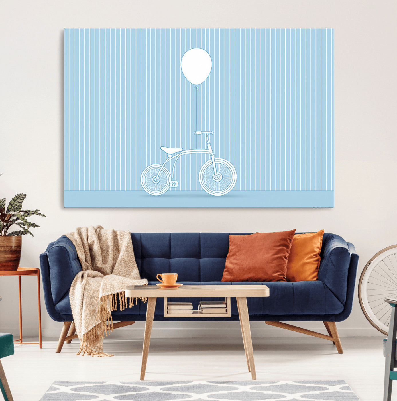A minimalistic blue line drawing of a bicycle with a balloon floating above it, set against a soft striped background.
