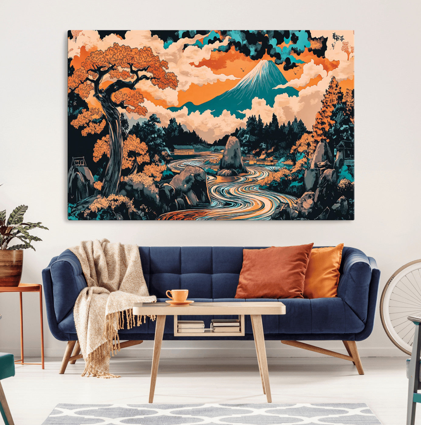 A vibrant Japanese-inspired landscape featuring Mount Fuji, a winding river, and autumn-colored trees under a dramatic sky, in bold and vivid hues.