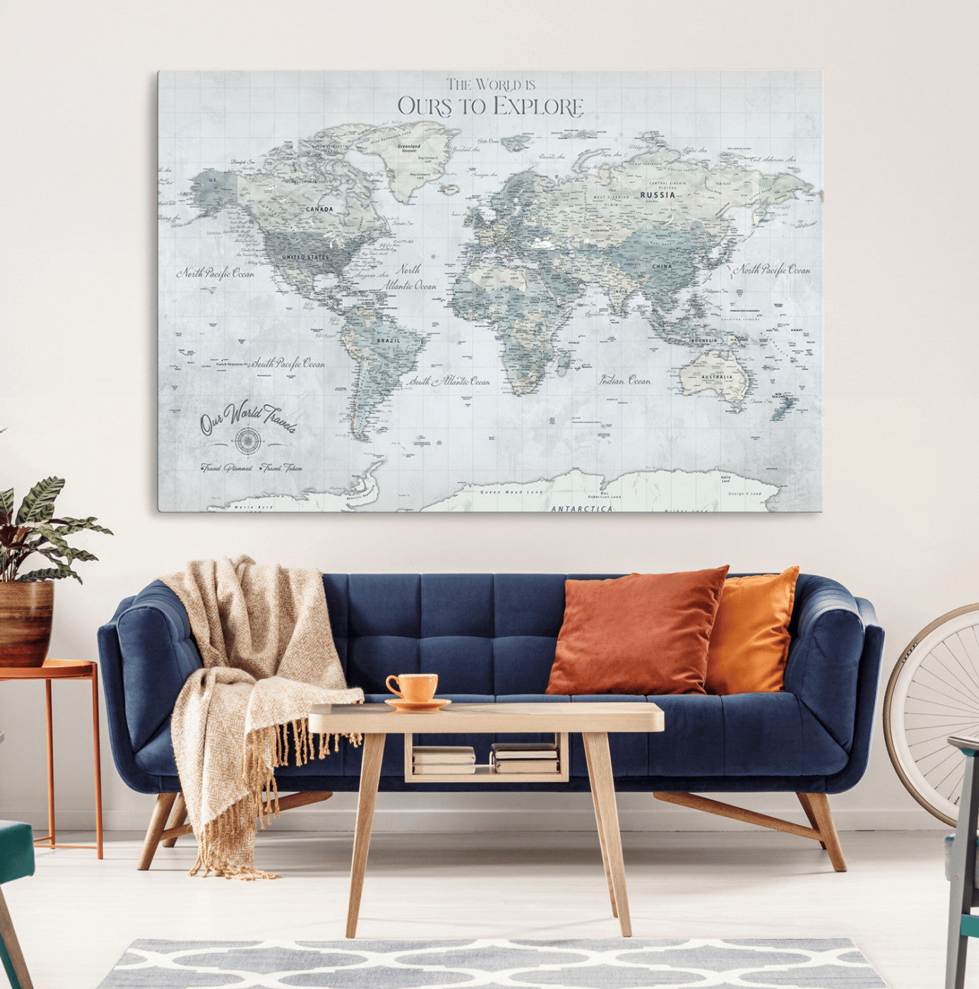Custom Push Pin World Map Wall Canvas Print – Personalized Travel Tracker with Pins – Framed Custom Quotie Canvas for Home Office Decor