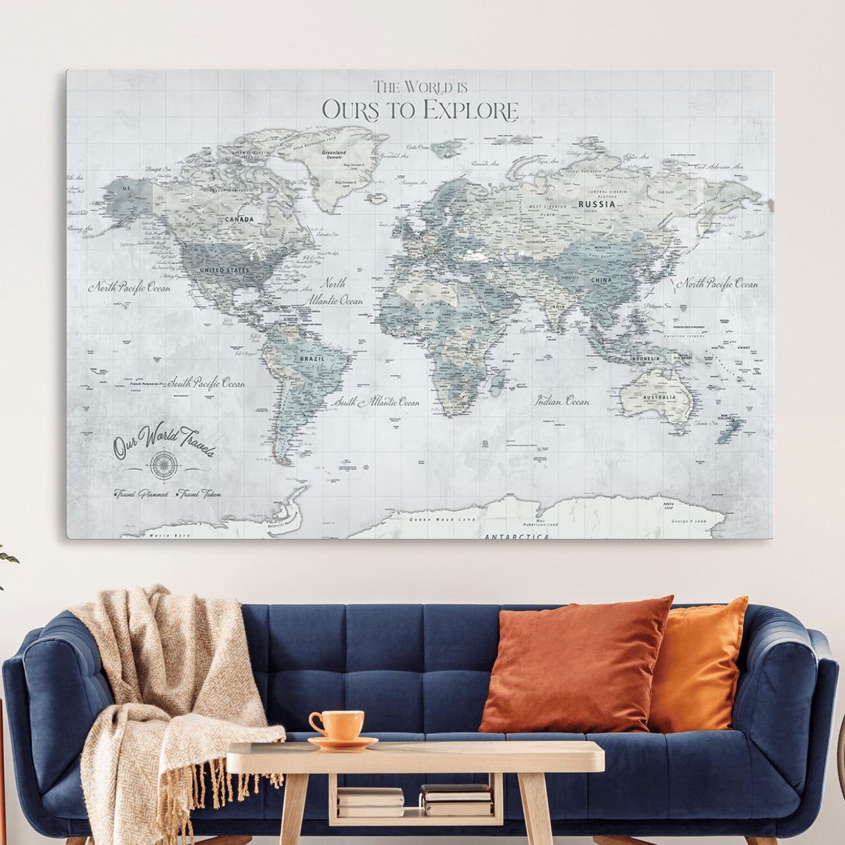 73654056-MGV-CV-36X24 - Personalized Push Pin World Map Canvas Print – Custom Framed Travel Tracker Artwork for Couples or Home Decor