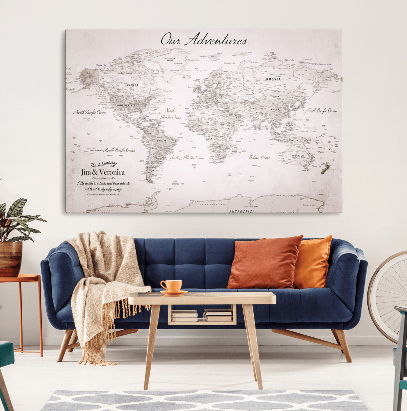 Customize Push Pin World Map Wall Canvas Print – Personalized Travel Map with Foam Pins – Framed Custom Quotie Canvas for Home Office Decor