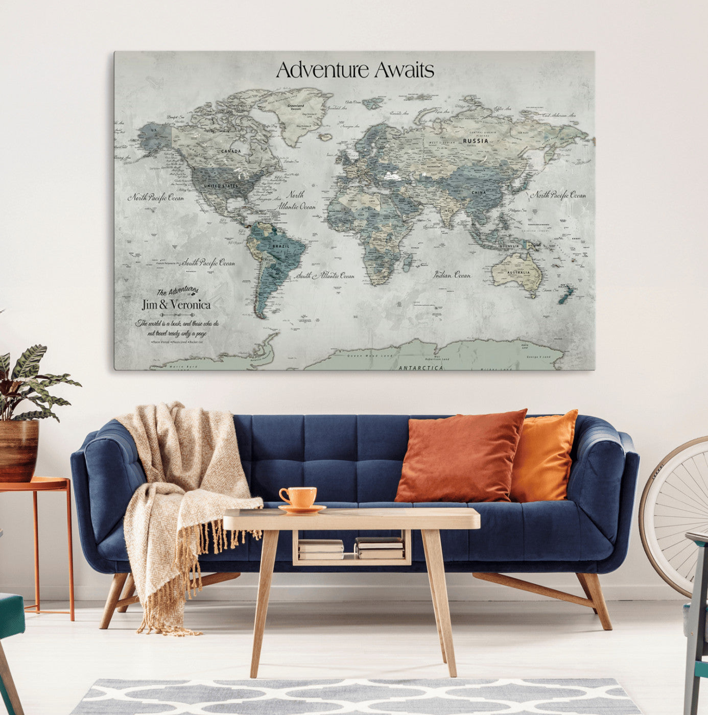 Rehber01-MGV-CV-36X24-Personalized Push Pin World Map Canvas Print – Custom Adventure Travel Map Framed Wall Art Gift for home, office