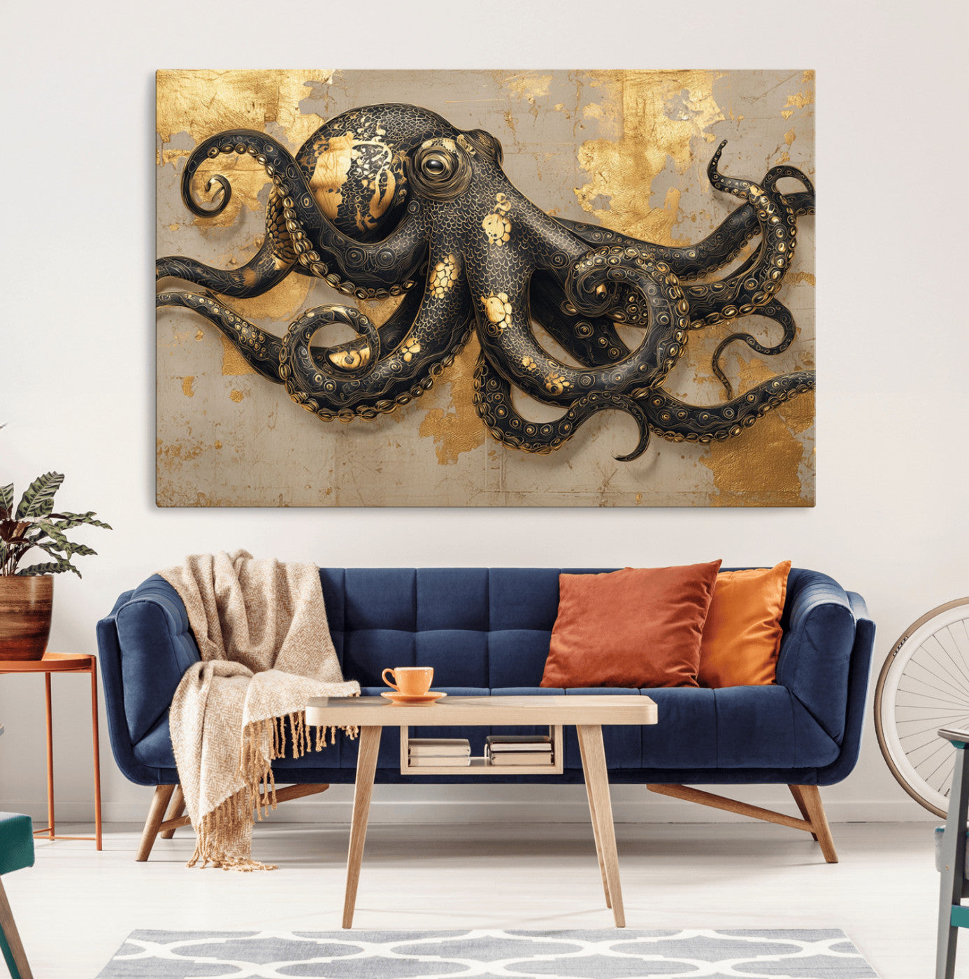 57944271-MGV-CV-36X24-Octopus Black Gold Wall Art Marine Life Ocean Creature Nautical Detailed Tentacles Artwork for Home, Office