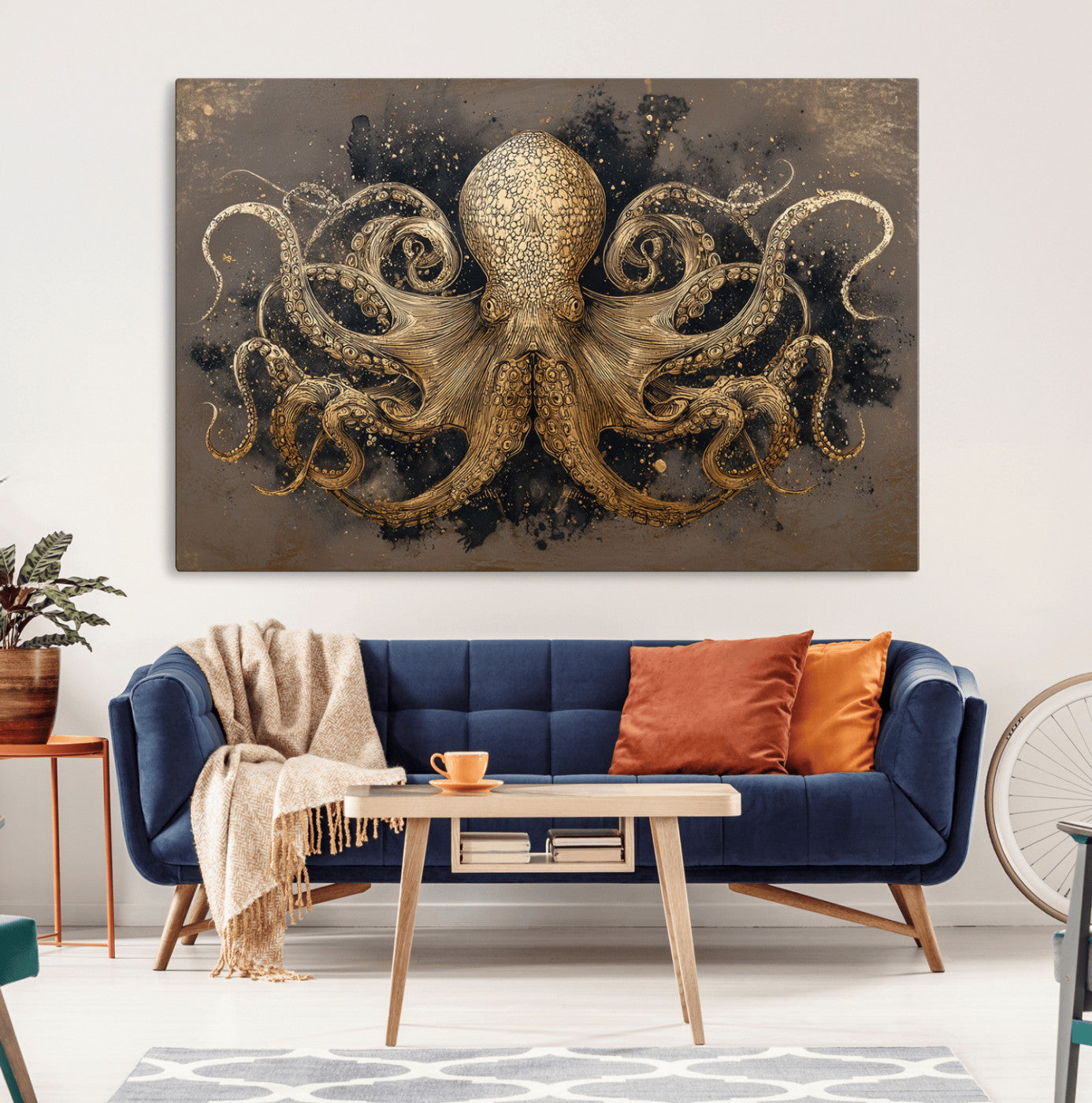 21717515-MGV-CV-36X24-Octopus Wall Art Canvas Print – Black Gold Detailed Tentacles Marine Life Ocean Creature Nautical Artwork for Home Office