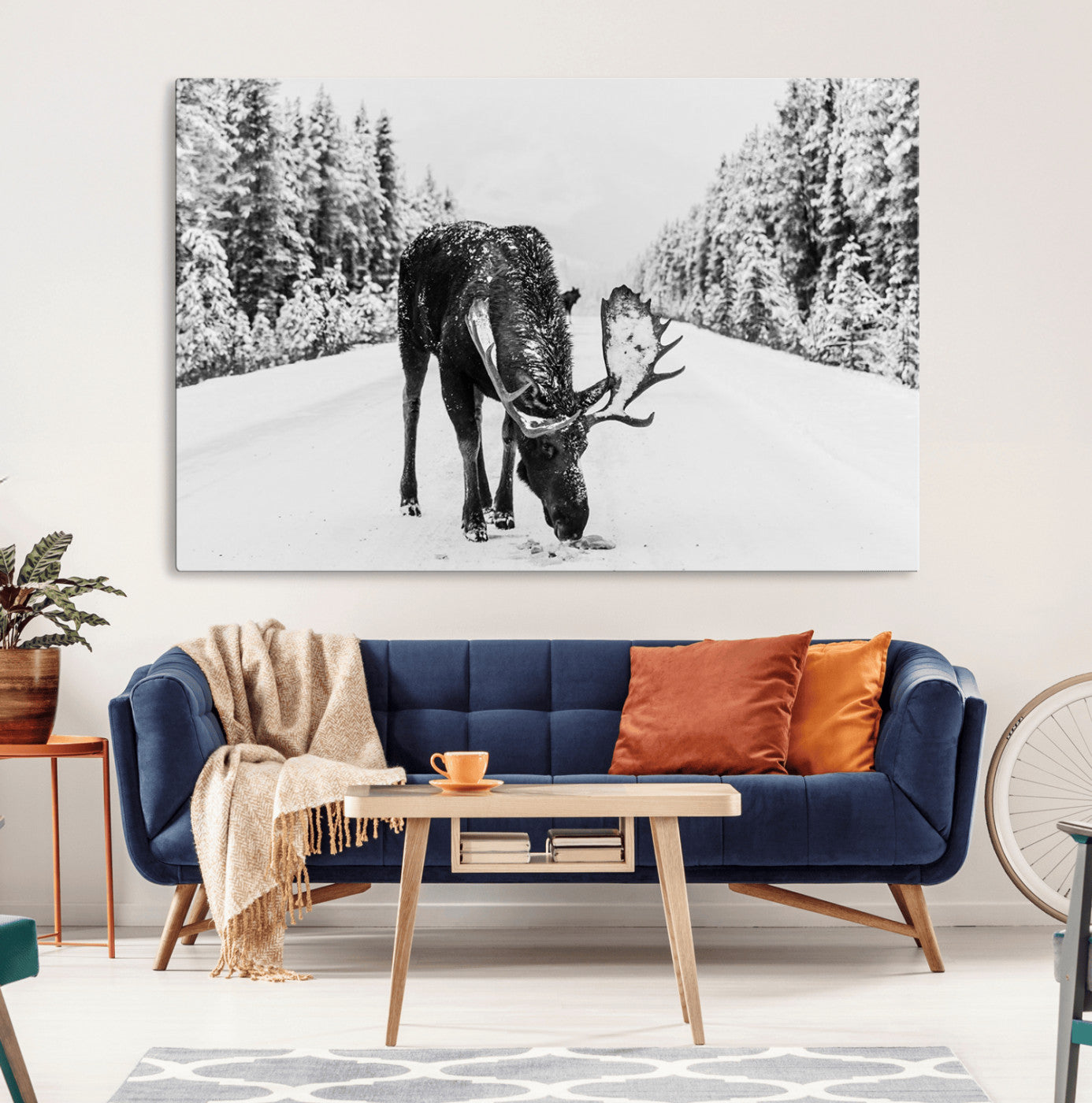 A majestic moose grazing in the snow-covered wilderness, surrounded by snow-covered trees, creating a peaceful winter scene.